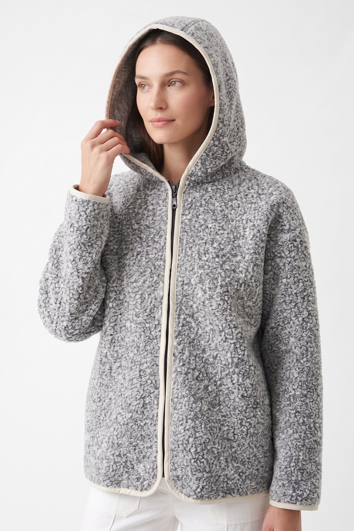 Kapüşonlu Peluş Ceket 1173 - GRİ  | zenne.com 