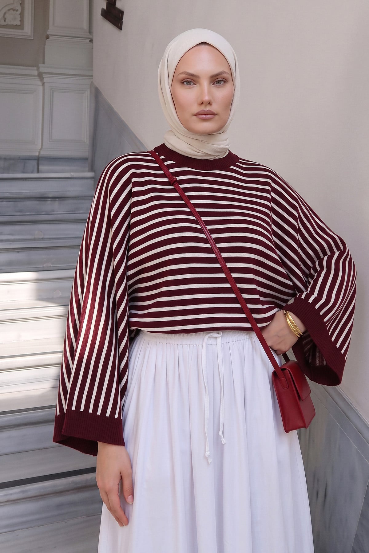 Çizgili Salaş Triko Kazak T2623 - MÜRDÜM | zenne.com 