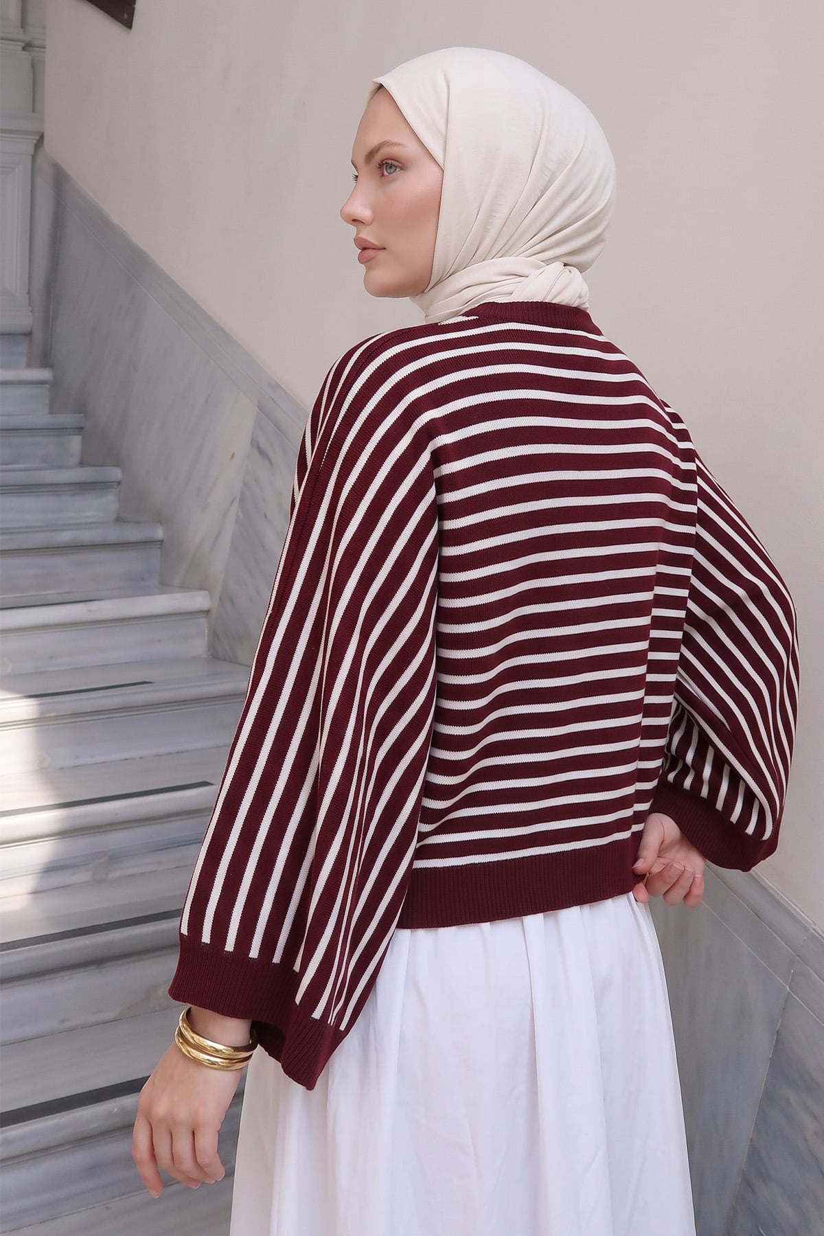 Çizgili Salaş Triko Kazak T2623 - MÜRDÜM | zenne.com 
