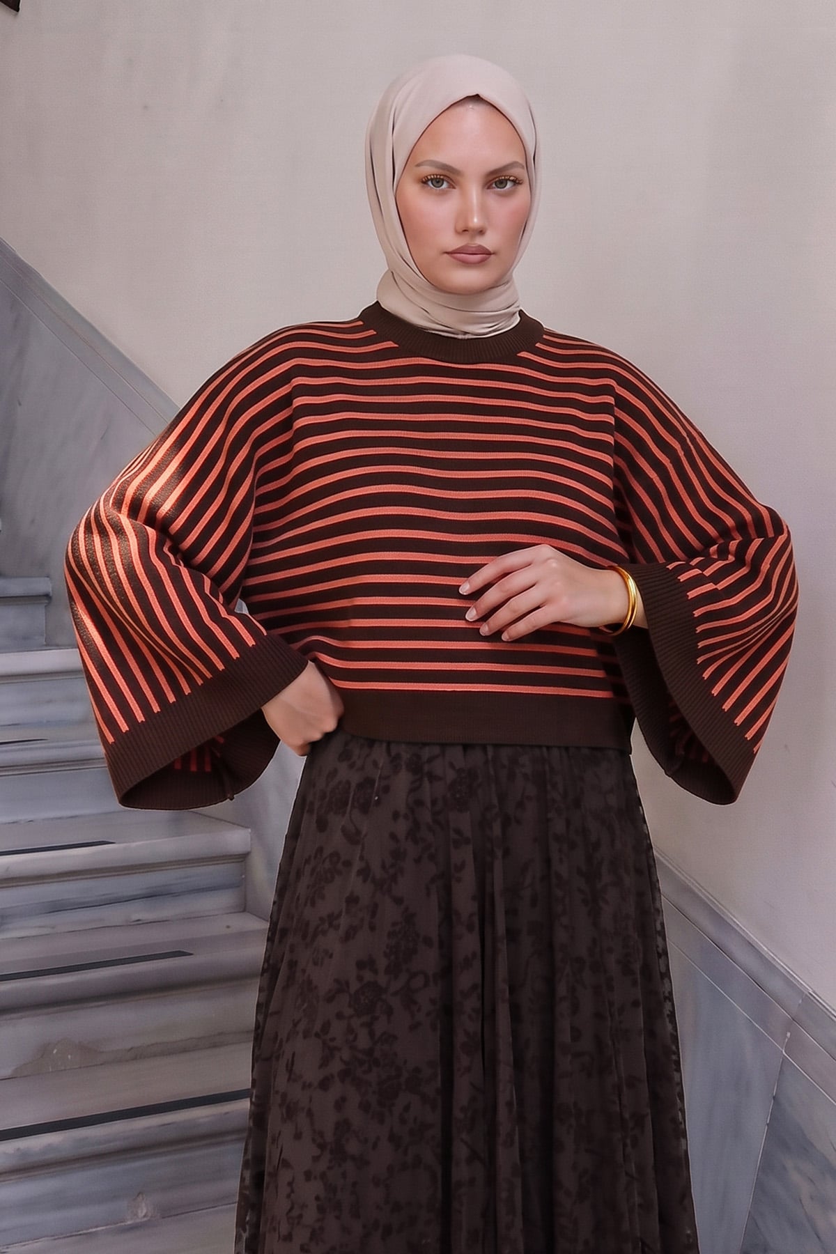 Çizgili Salaş Triko Kazak T2623 - KAHVE | zenne.com 