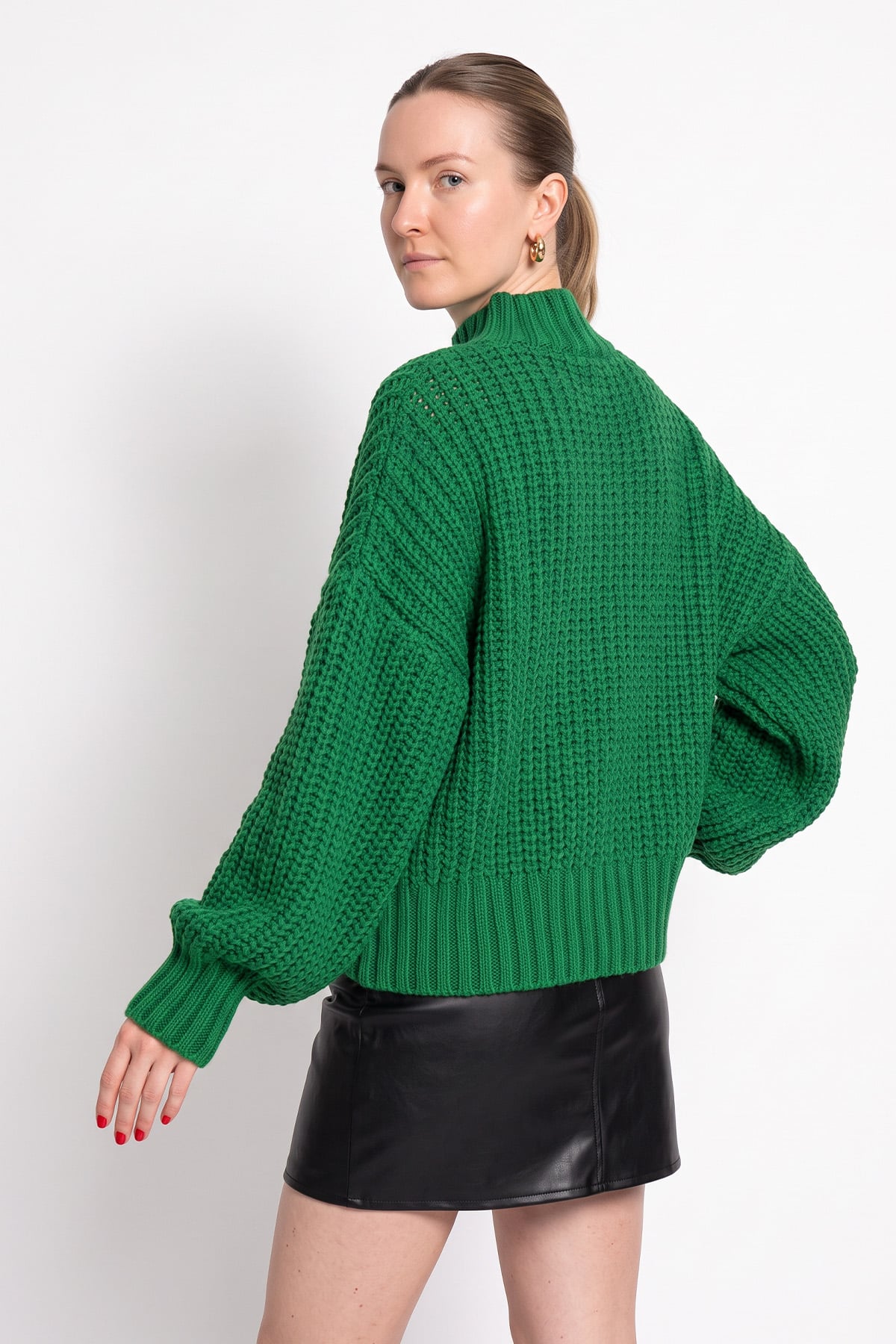 Örgü Detay Triko Kazak T2627 - YEŞİL | zenne.com 