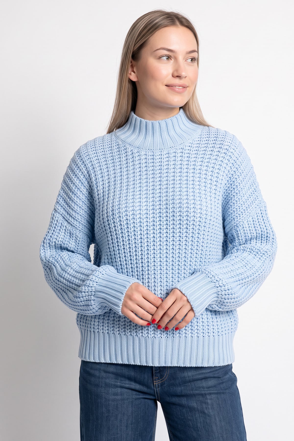 Örgü Detay Triko Kazak T2627 - BEBE MAVİSİ | zenne.com 