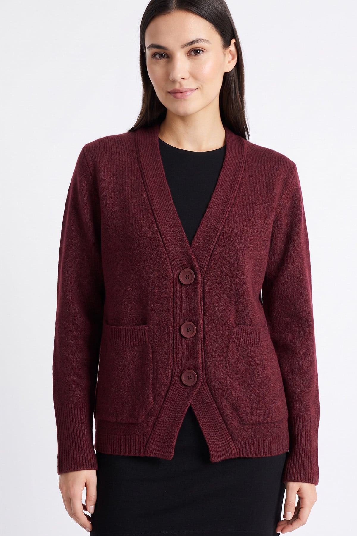 V Yaka Düğmeli Triko Hırka T2629 - BORDO | zenne.com 