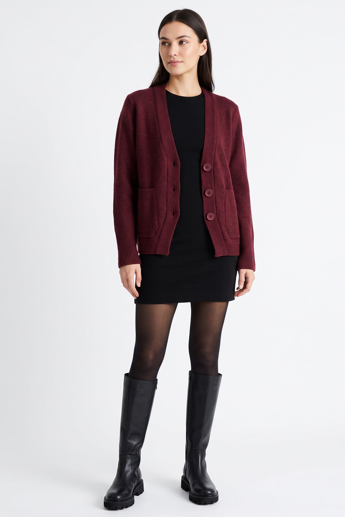 V Yaka Düğmeli Triko Hırka T2629 - BORDO | zenne.com 