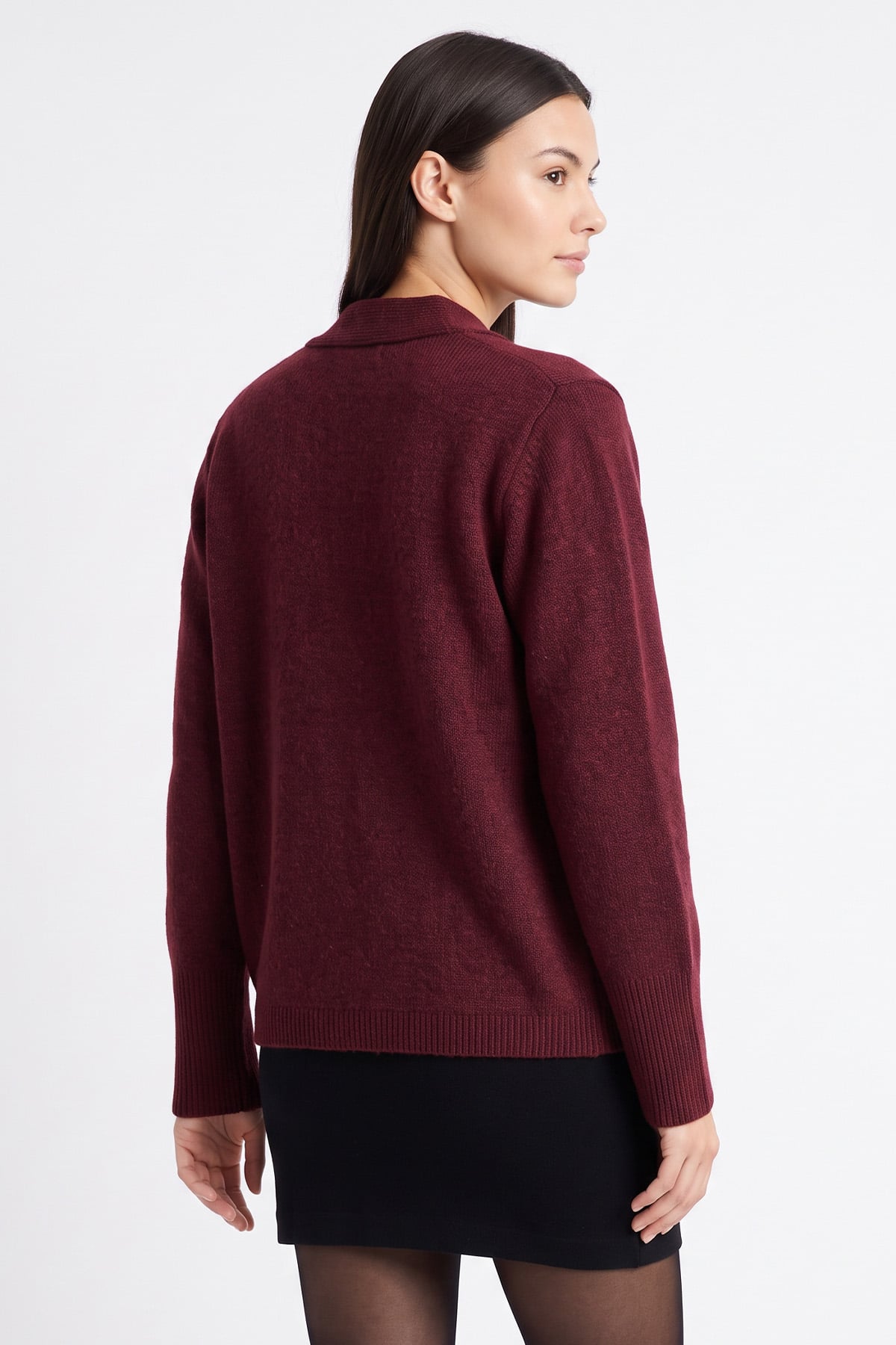 V Yaka Düğmeli Triko Hırka T2629 - BORDO | zenne.com 