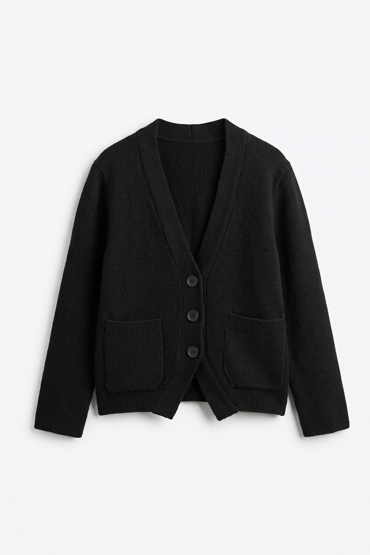 V Yaka Düğmeli Triko Hırka T2629 - SİYAH | zenne.com 