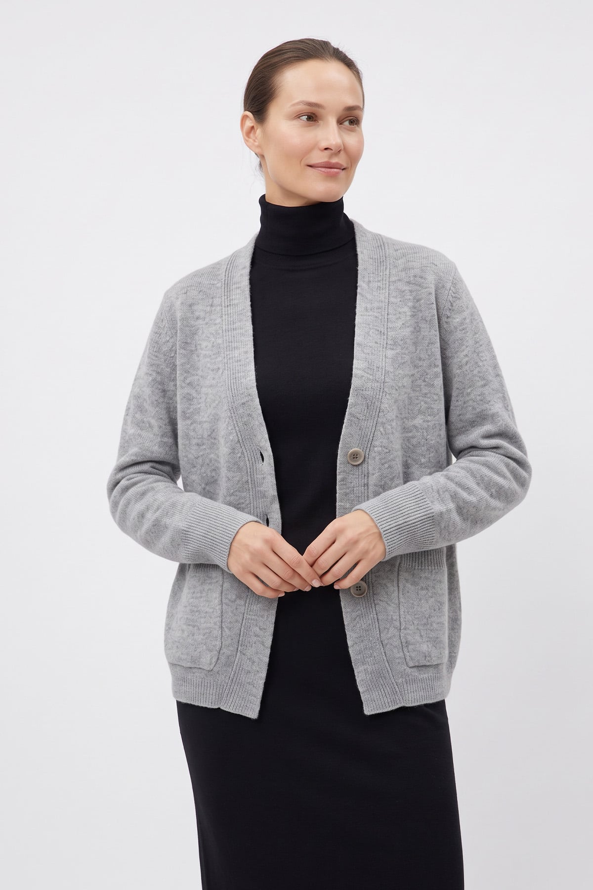 V Yaka Düğmeli Triko Hırka T2629 - GRİ | zenne.com 