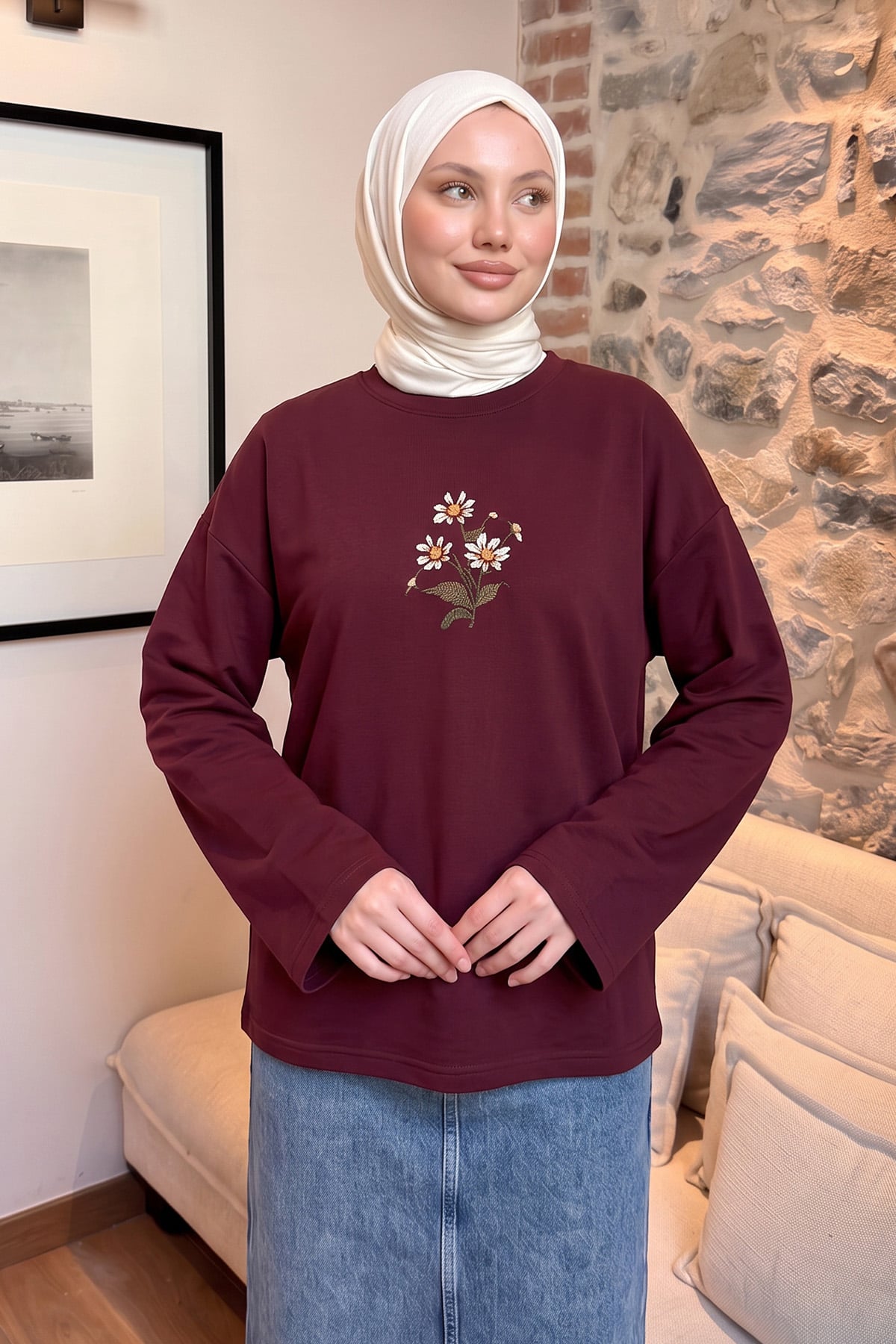 Papatya Nakışlı Tunik 13252 - BORDO | zenne.com 
