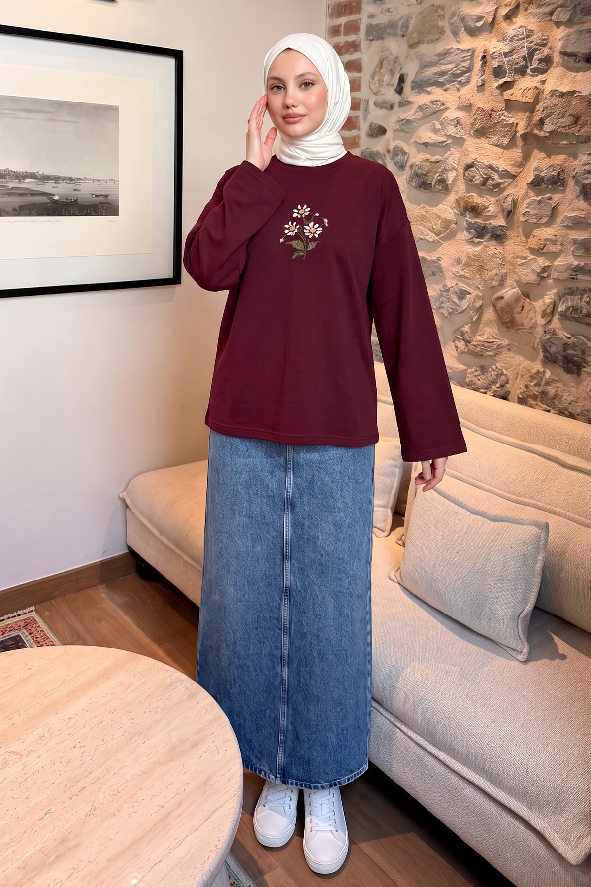 Papatya Nakışlı Tunik 13252 - BORDO | zenne.com 