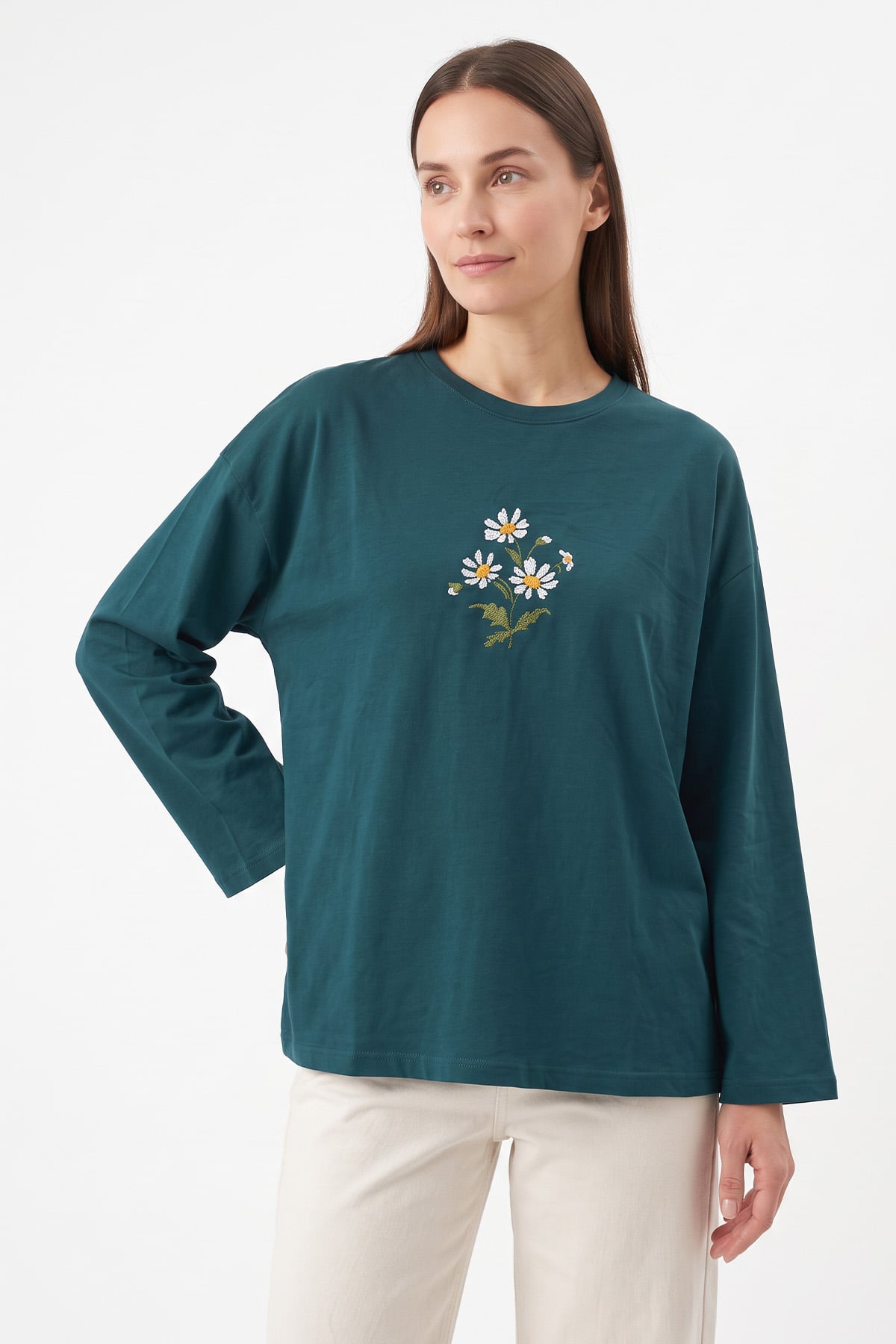 Papatya Nakışlı Tunik 13252 - PETROL | zenne.com 