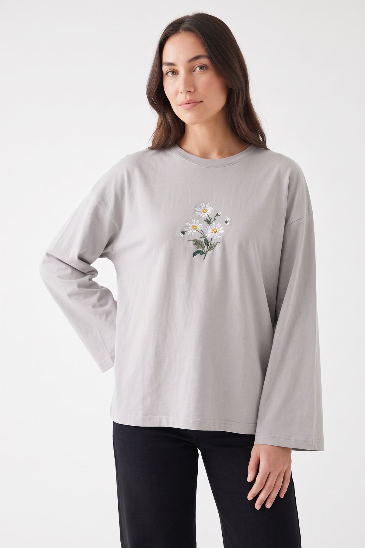 Papatya Nakışlı Tunik 13252 - GRİ | zenne.com 