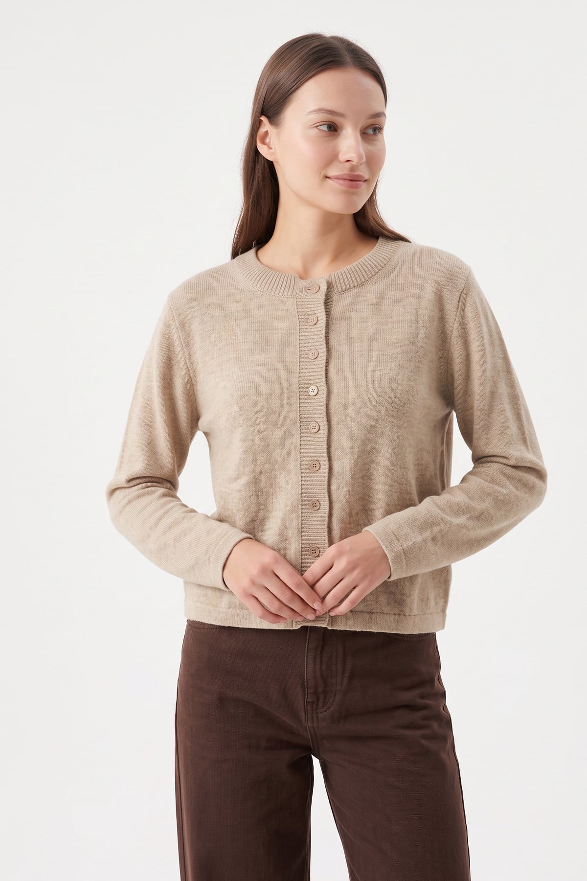 Bisiklet Yaka Triko Hırka T2631 - BEJ  | zenne.com 