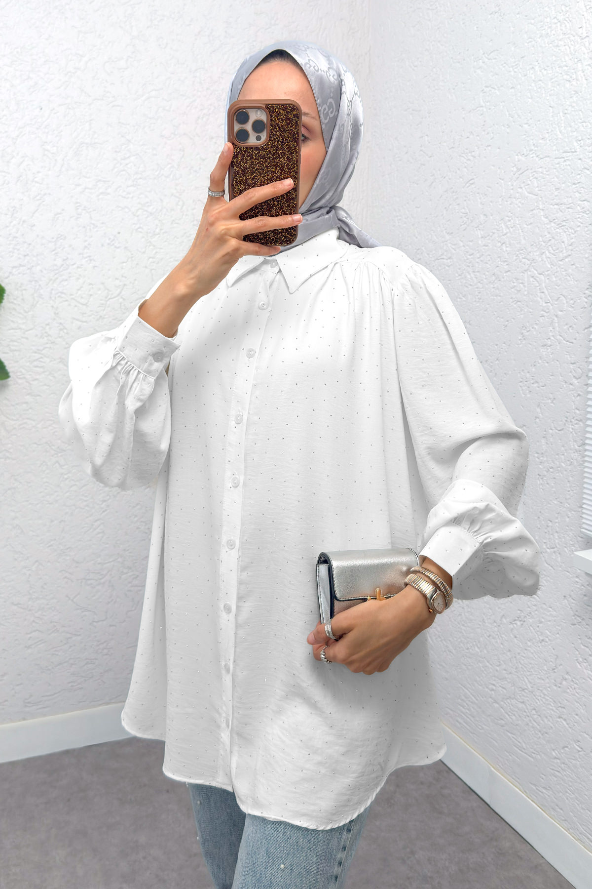 Taş Süslemeli Balon Kol Gömlek 2284 - BEYAZ |  