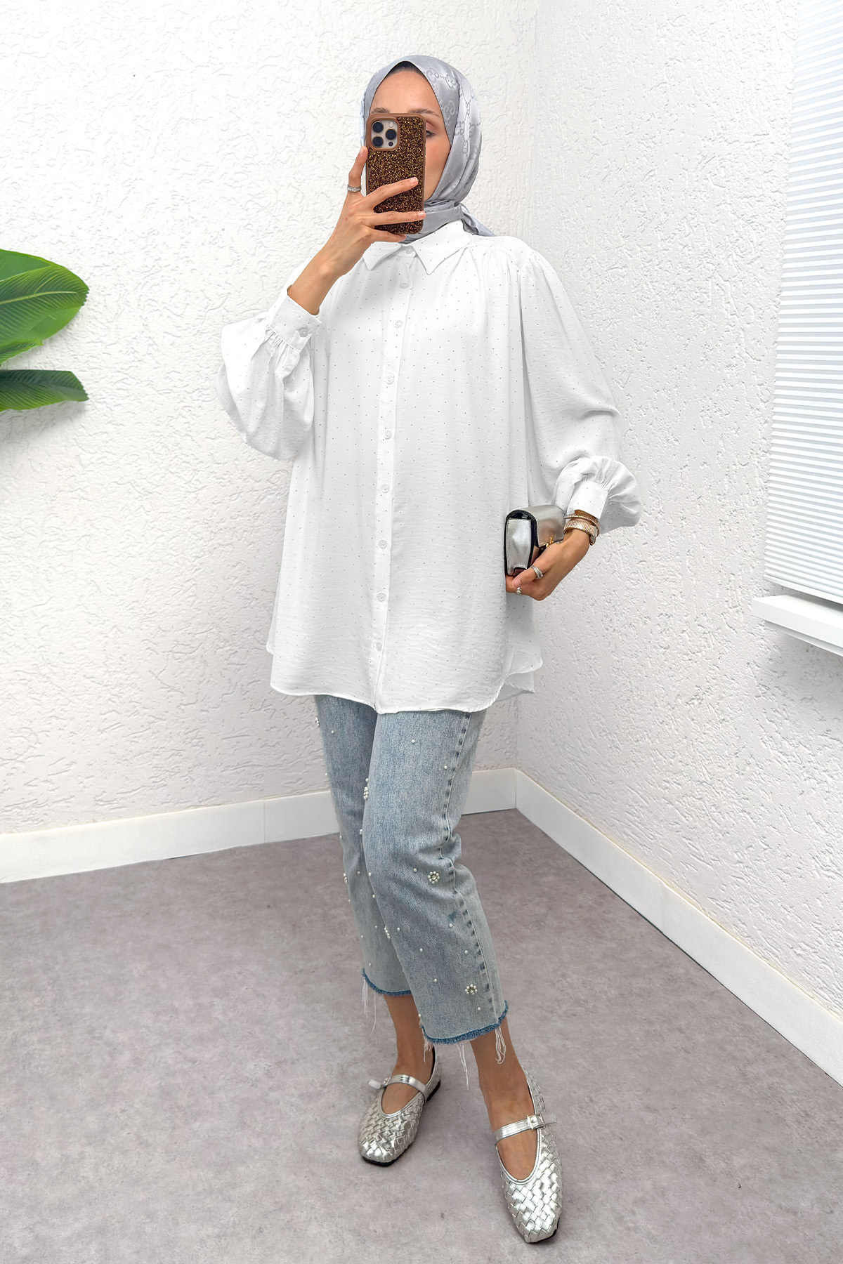 Taş Süslemeli Balon Kol Gömlek 2284 - BEYAZ |  