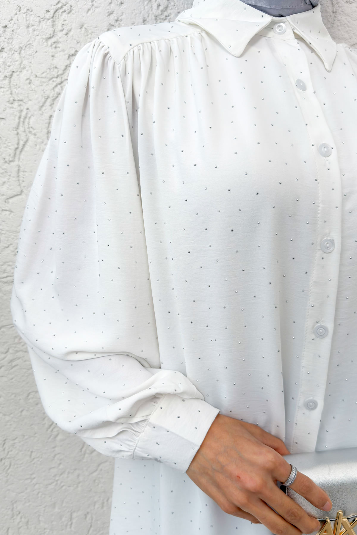 Taş Süslemeli Balon Kol Gömlek 2284 - BEYAZ |  