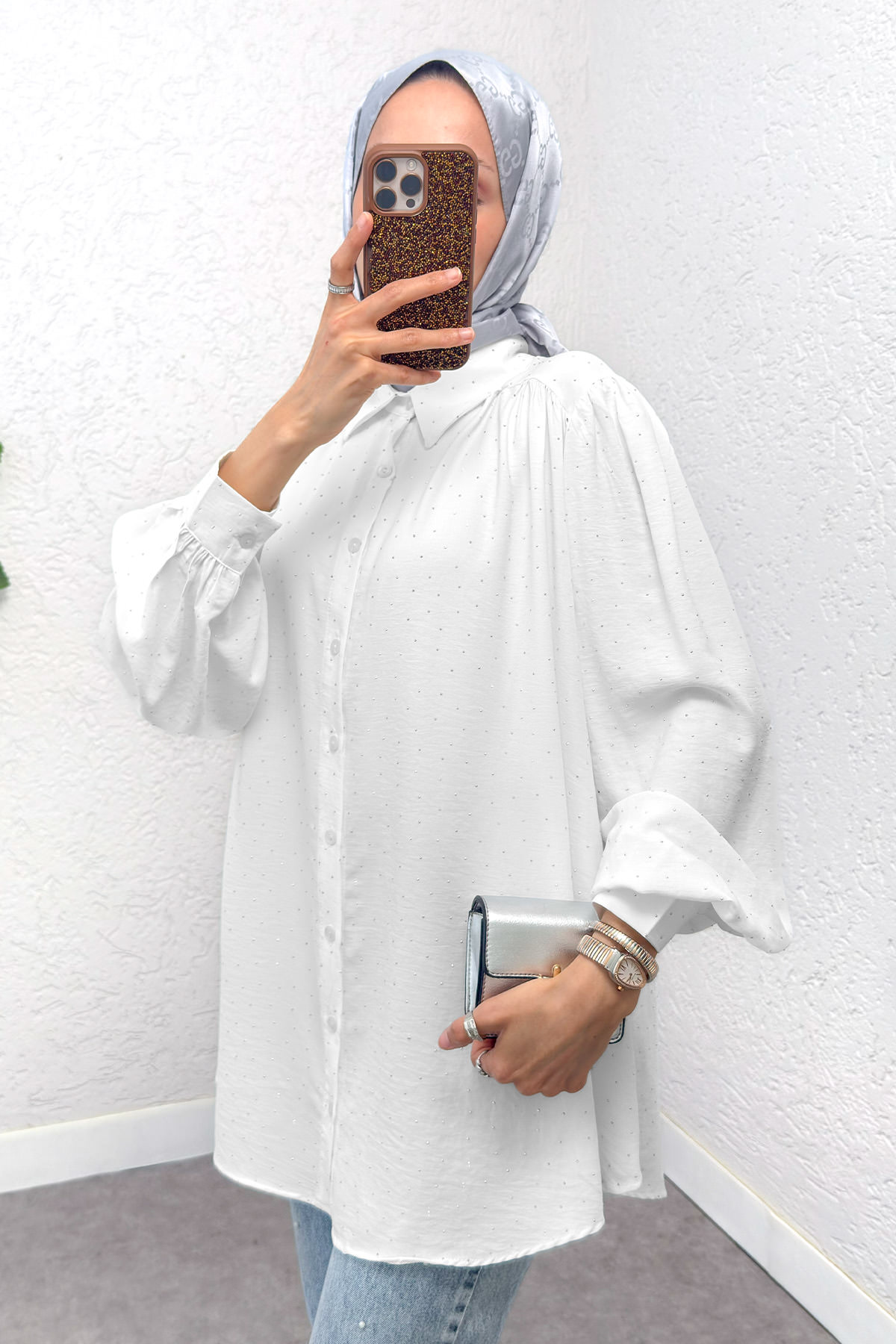 Taş Süslemeli Balon Kol Gömlek 2284 - BEYAZ |  