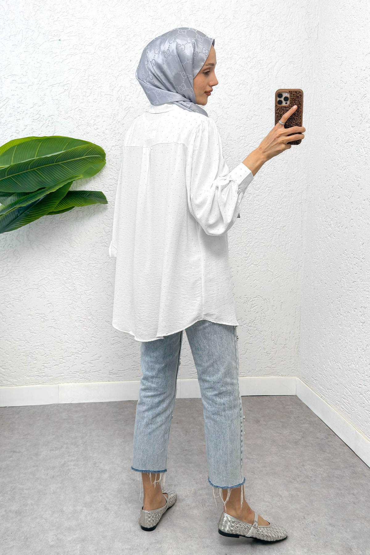 Taş Süslemeli Balon Kol Gömlek 2284 - BEYAZ |  