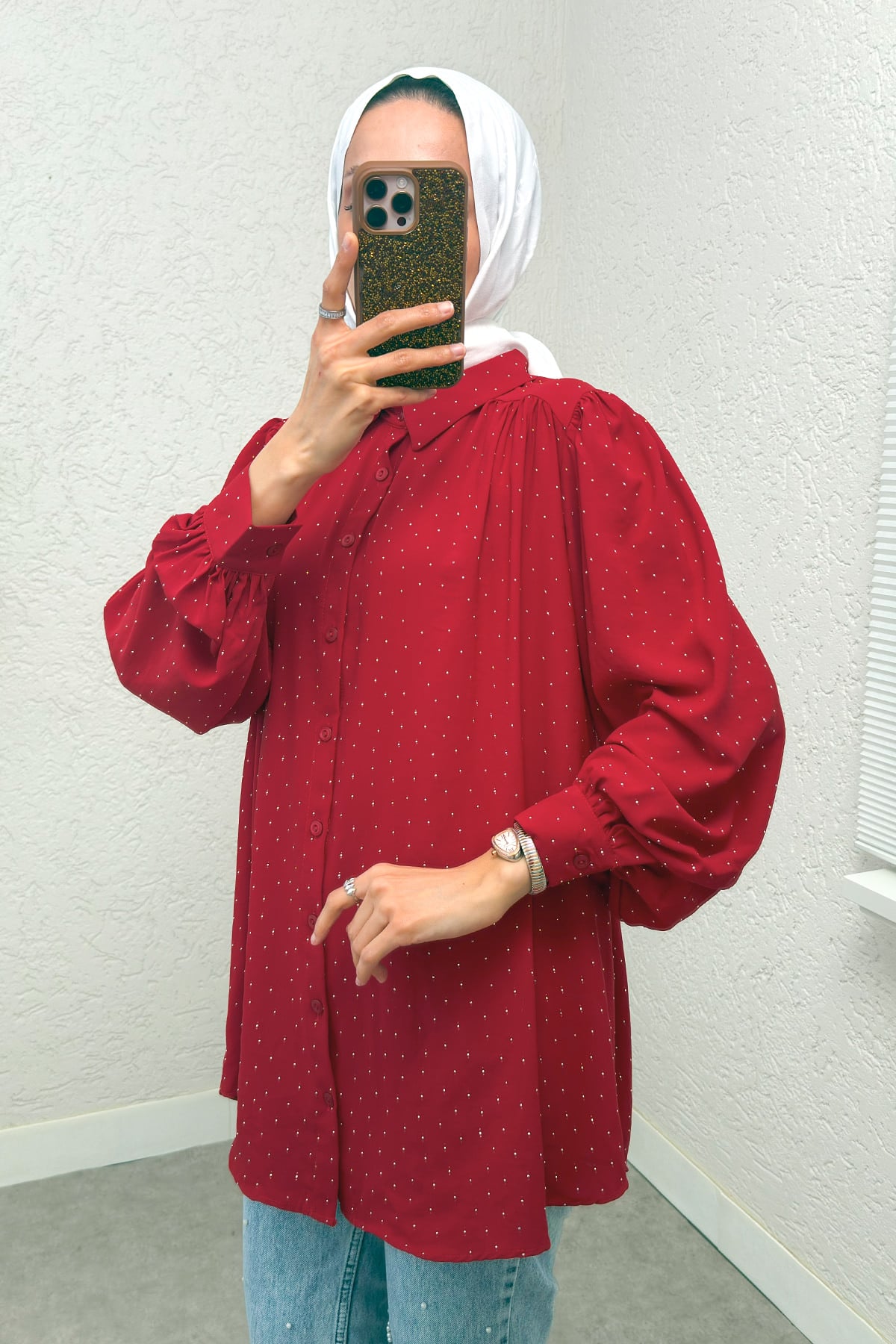 Taş Süslemeli Balon Kol Gömlek 2284 - KIRMIZI |  