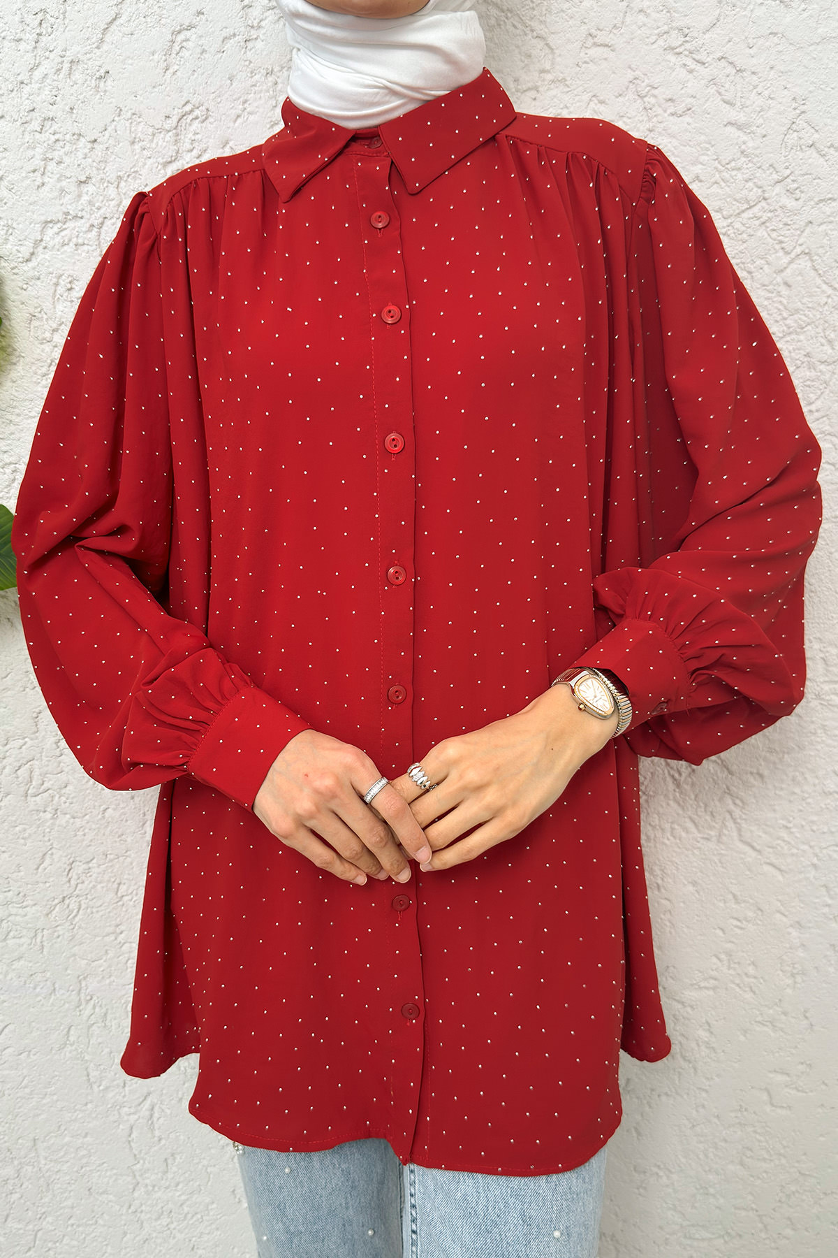 Taş Süslemeli Balon Kol Gömlek 2284 - KIRMIZI |  