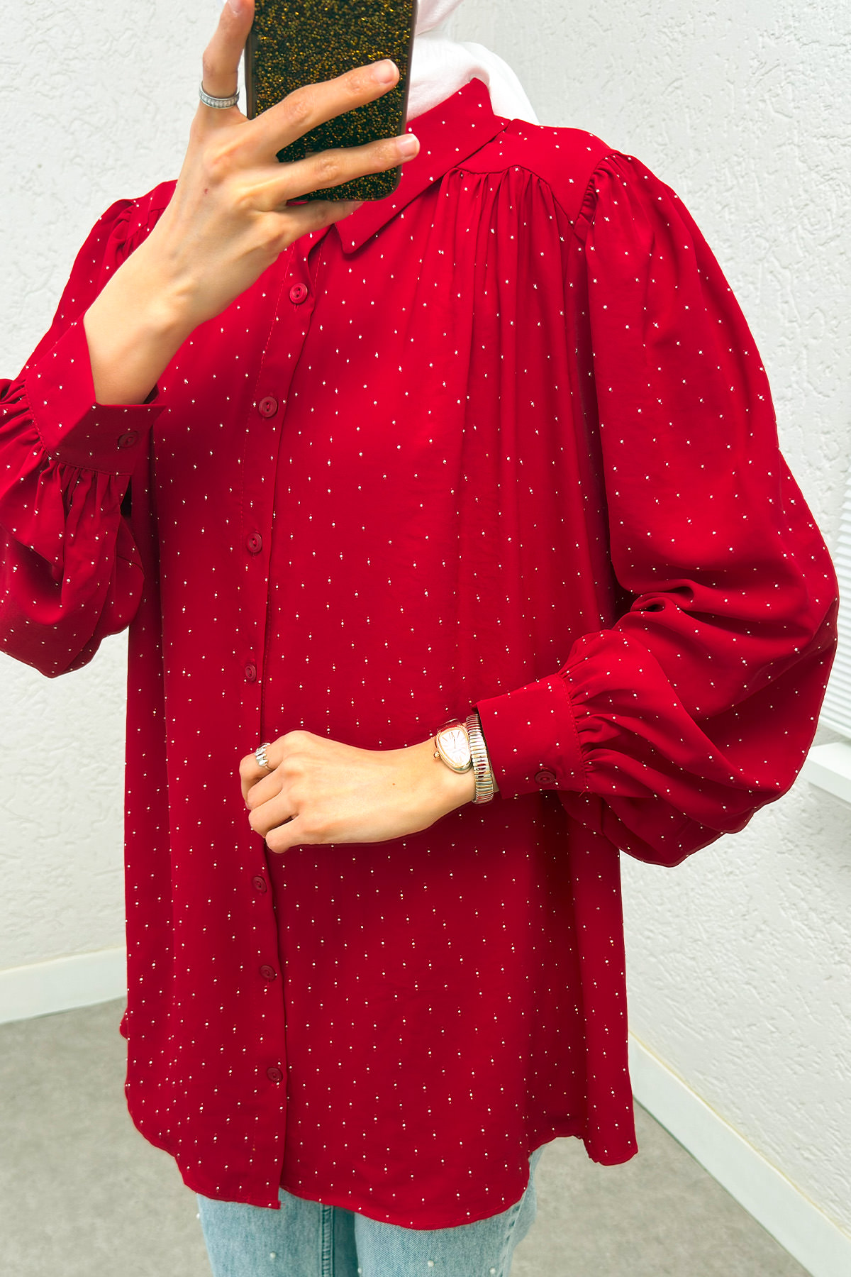 Taş Süslemeli Balon Kol Gömlek 2284 - KIRMIZI |  