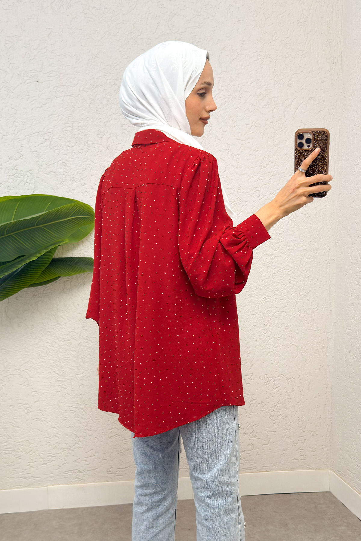 Taş Süslemeli Balon Kol Gömlek 2284 - KIRMIZI |  