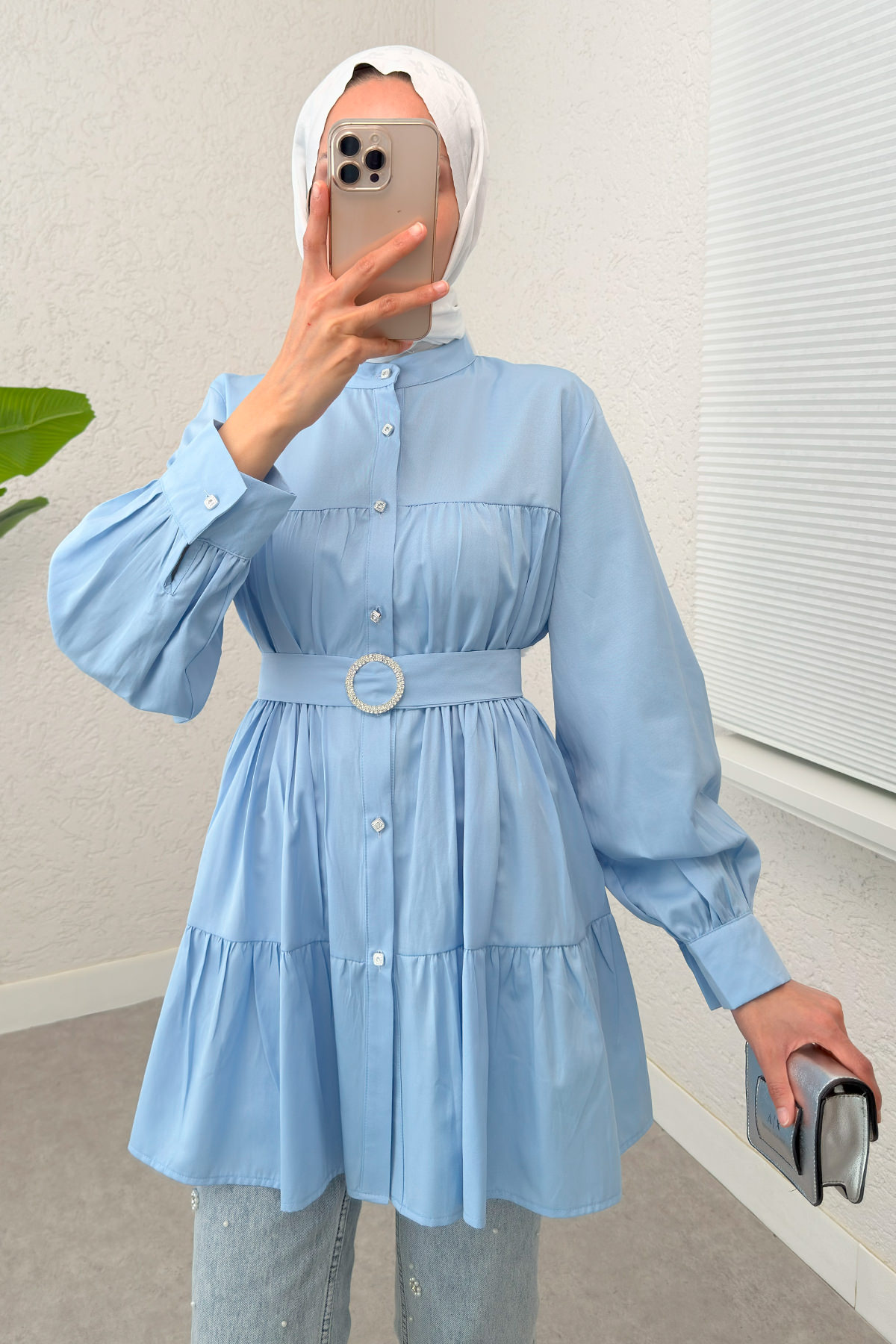 Kemer Detaylı Kat Kat Tunik 2140 - BEBE MAVİSİ |  