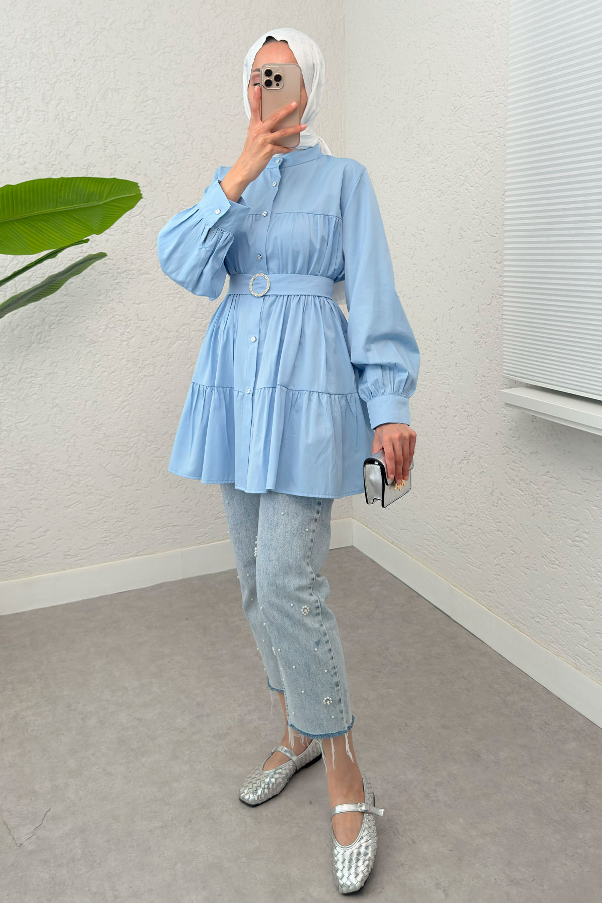 Kemer Detaylı Kat Kat Tunik 2140 - BEBE MAVİSİ |  