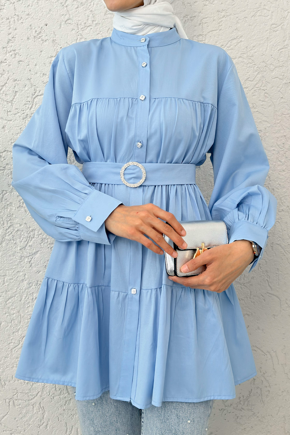 Kemer Detaylı Kat Kat Tunik 2140 - BEBE MAVİSİ |  