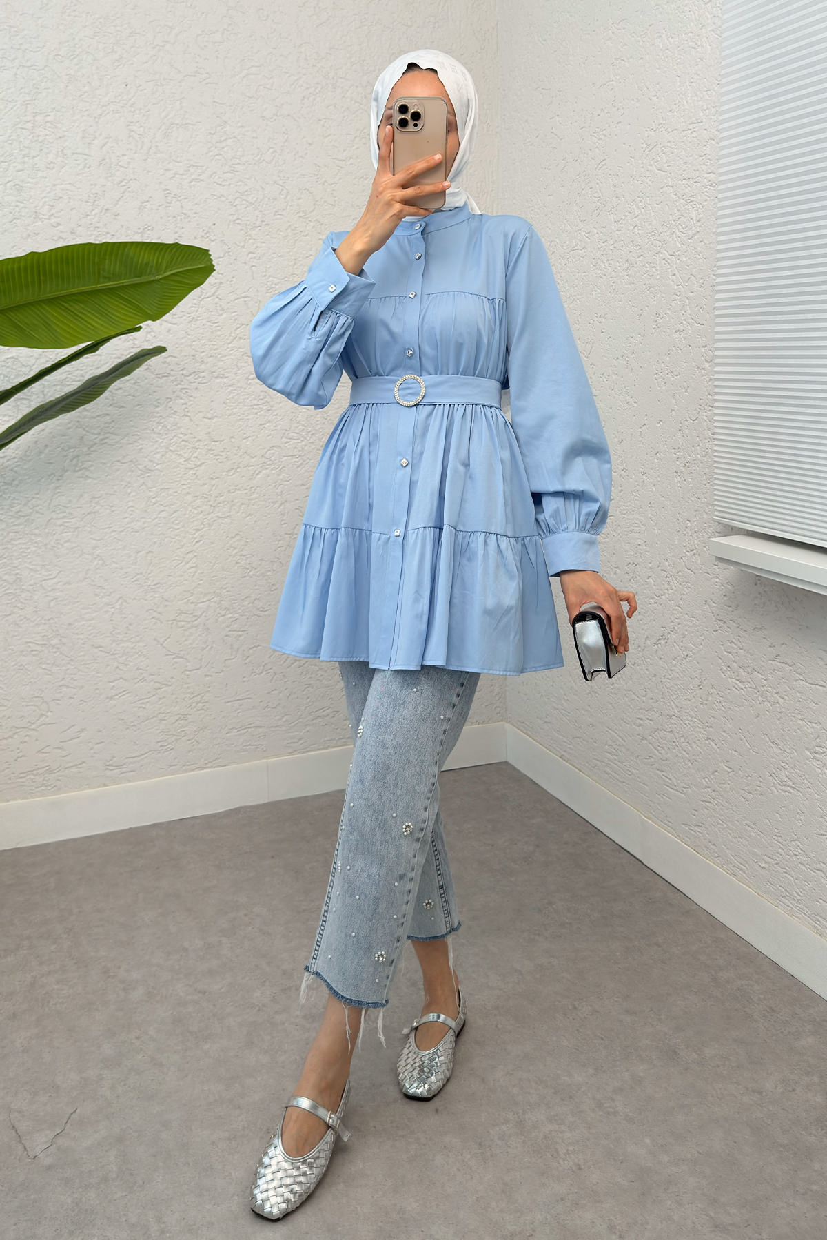 Kemer Detaylı Kat Kat Tunik 2140 - BEBE MAVİSİ |  