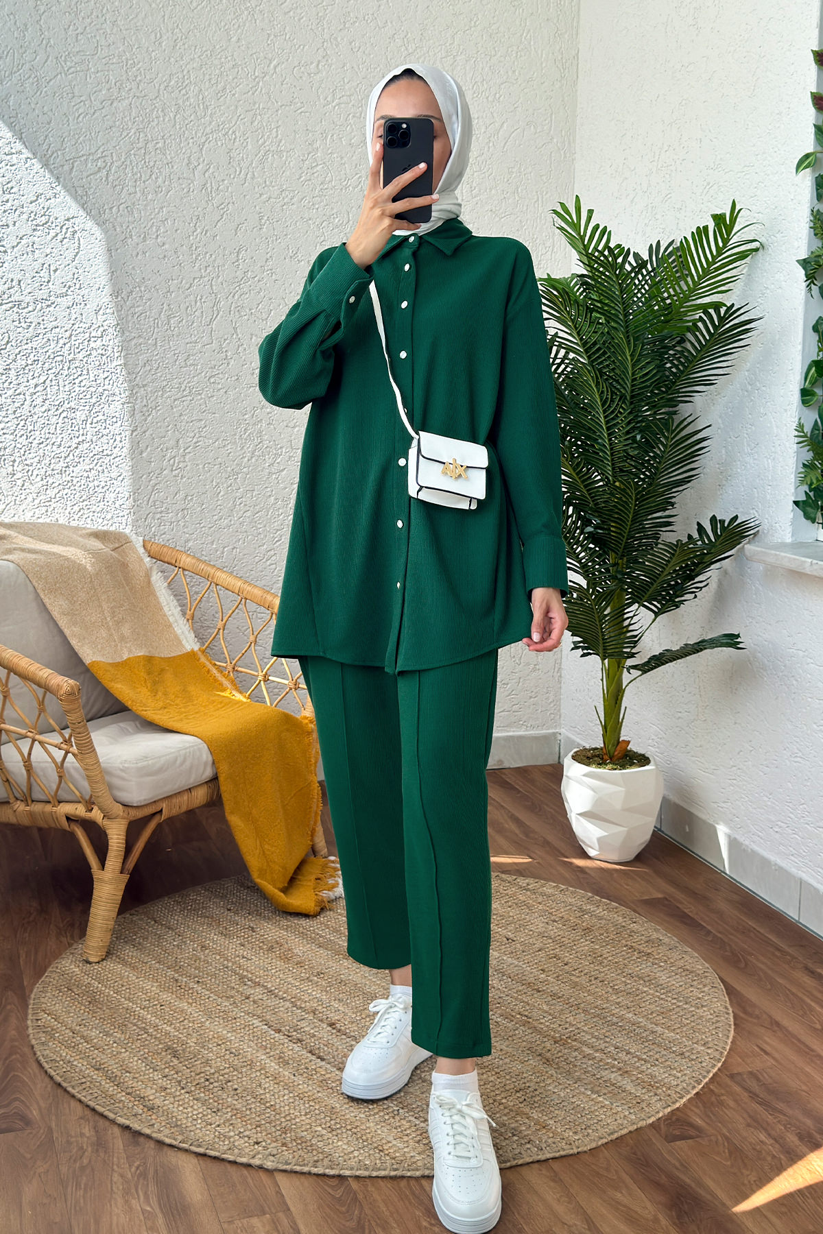 2167 İnci Düğme Detaylı Takım - YEŞİL |  