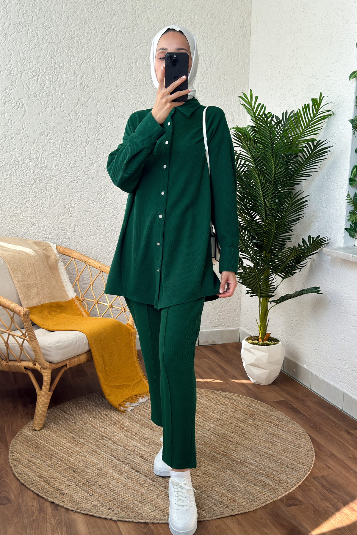 2167 İnci Düğme Detaylı Takım - YEŞİL |  