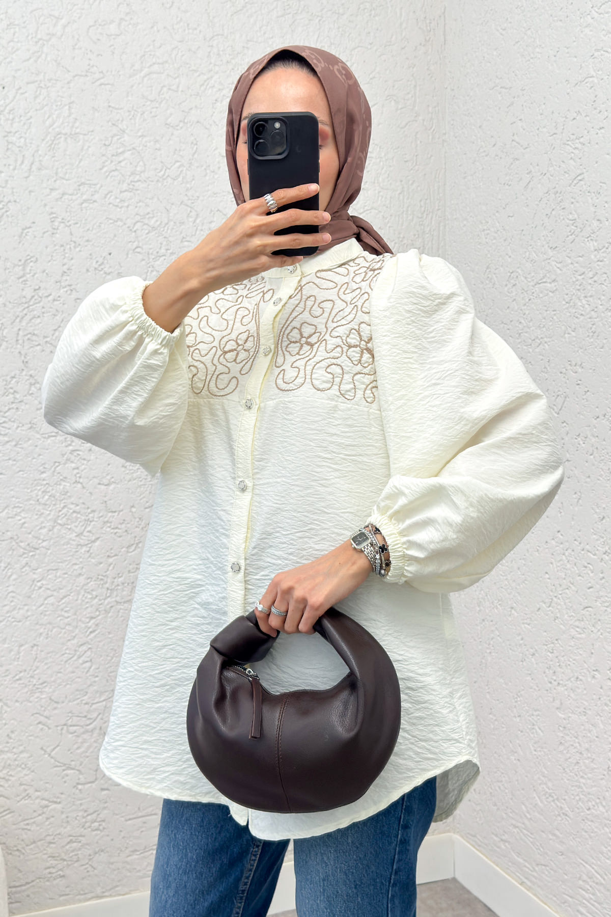 Punto Nakışlı Tesettür Gömlek 2241 - KREM |  