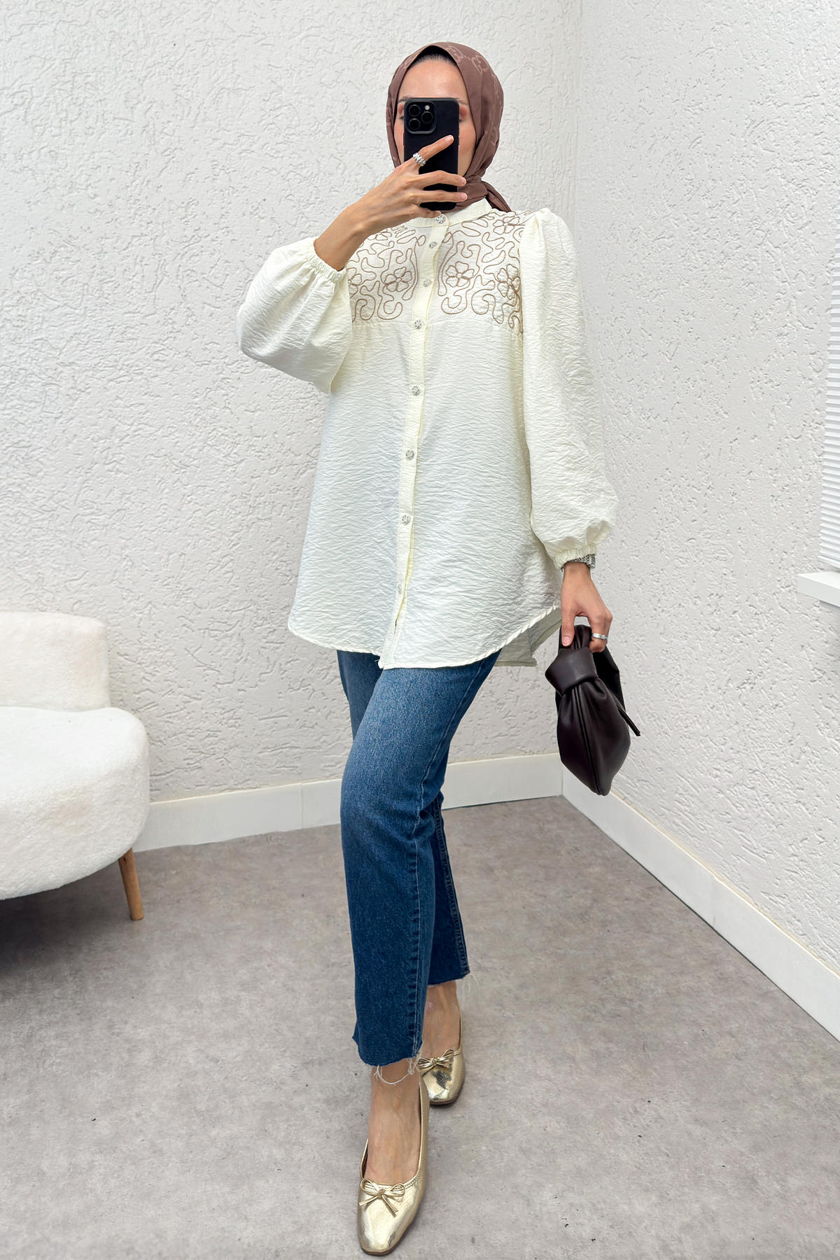 Punto Nakışlı Tesettür Gömlek 2241 - KREM |  