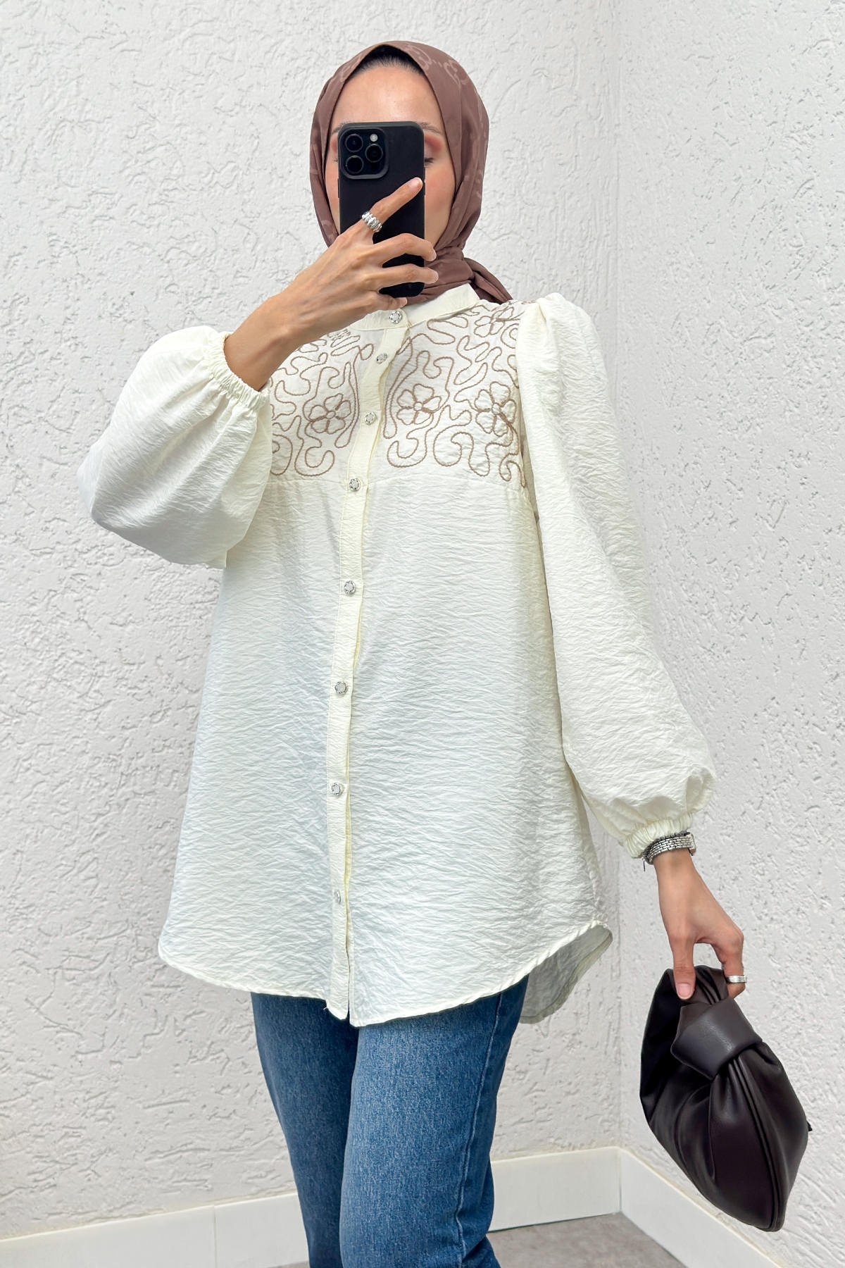 Punto Nakışlı Tesettür Gömlek 2241 - KREM |  