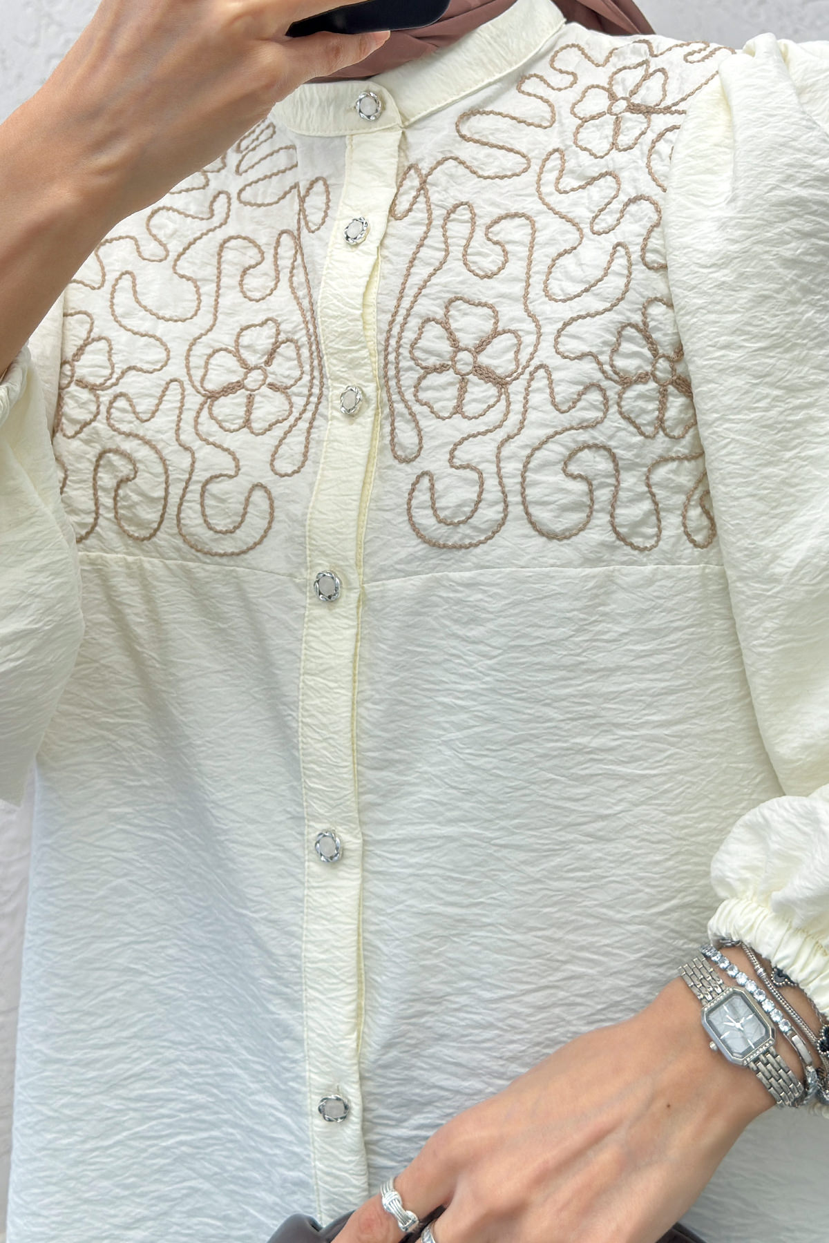 Punto Nakışlı Tesettür Gömlek 2241 - KREM |  