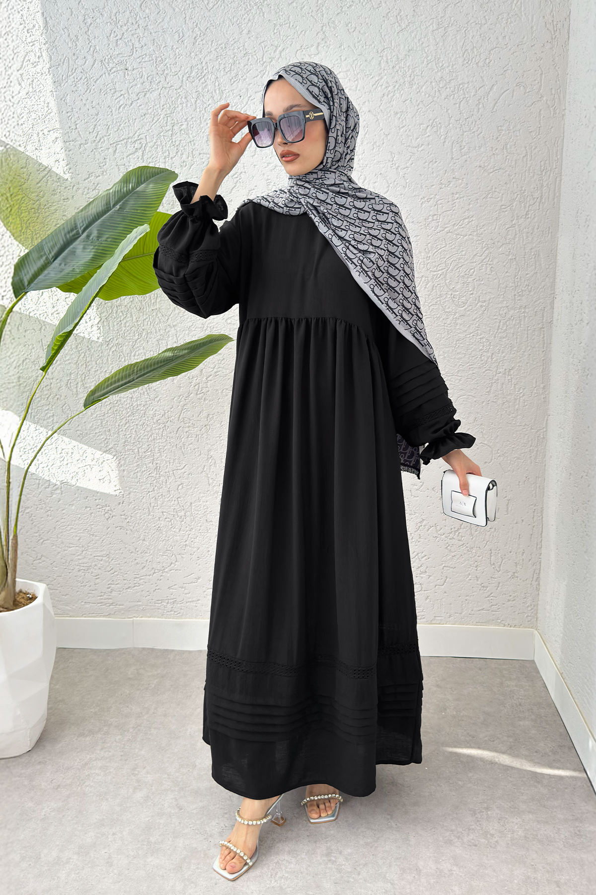 Fisto Detaylı Tesettür Elbise 2207 - SİYAH |  