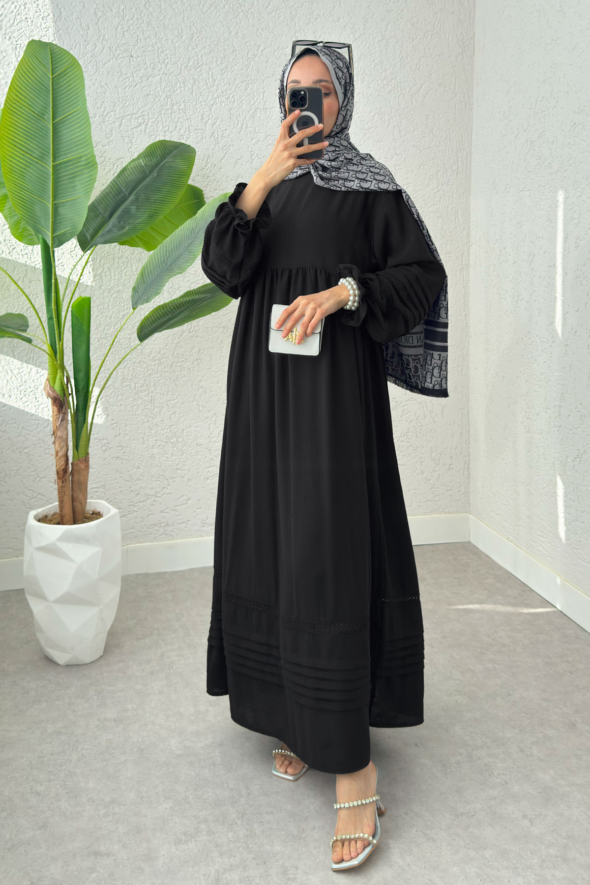 Fisto Detaylı Tesettür Elbise 2207 - SİYAH |  