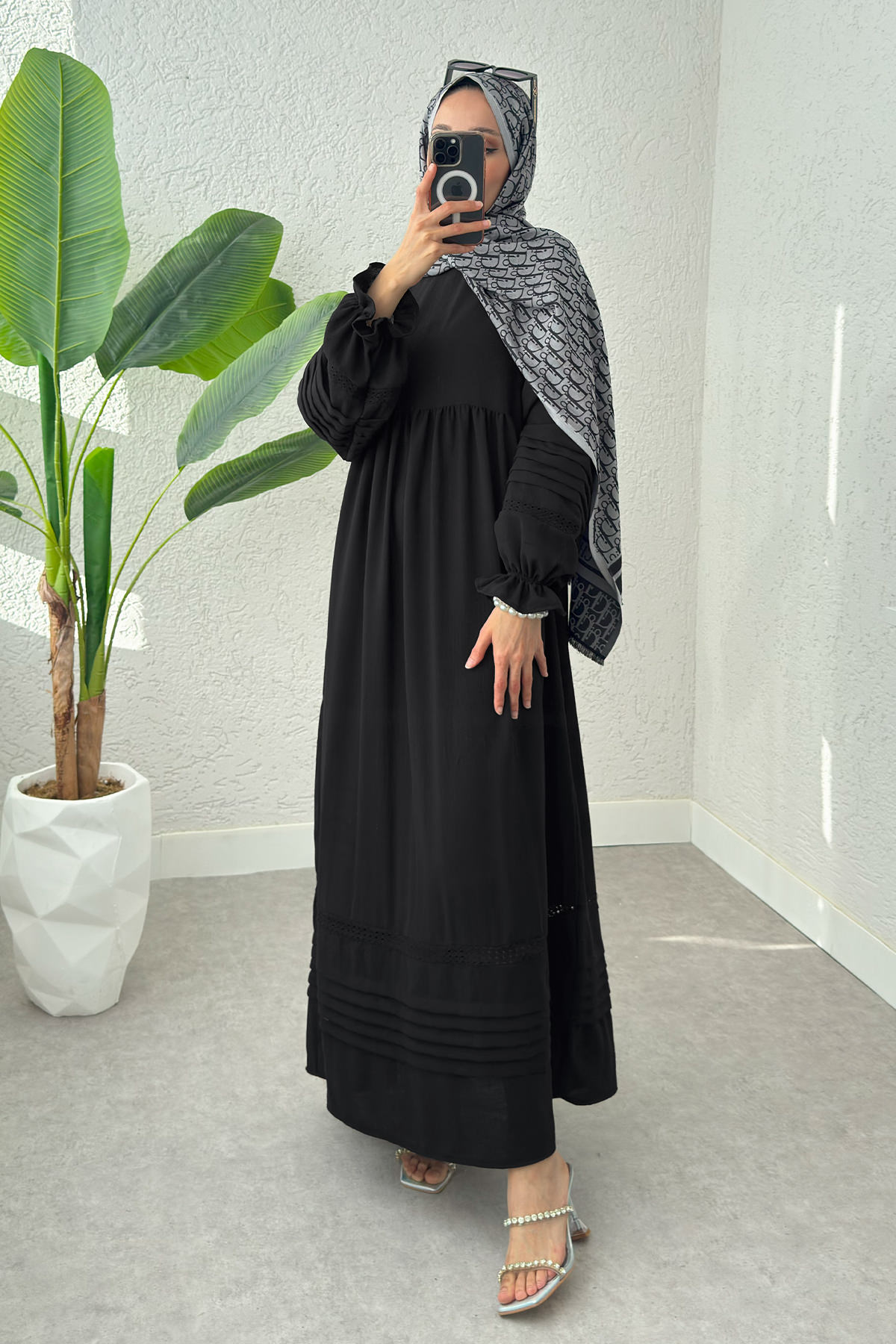 Fisto Detaylı Tesettür Elbise 2207 - SİYAH |  