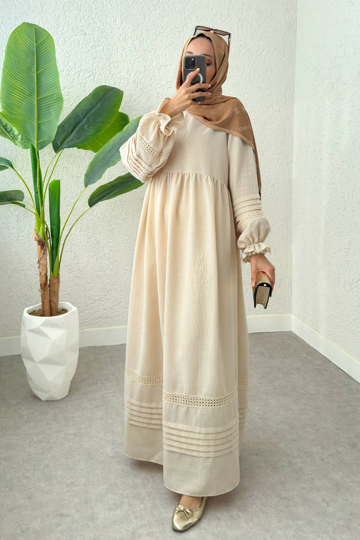 Fisto Detaylı Tesettür Elbise 2207 - TAŞ RENGİ |  