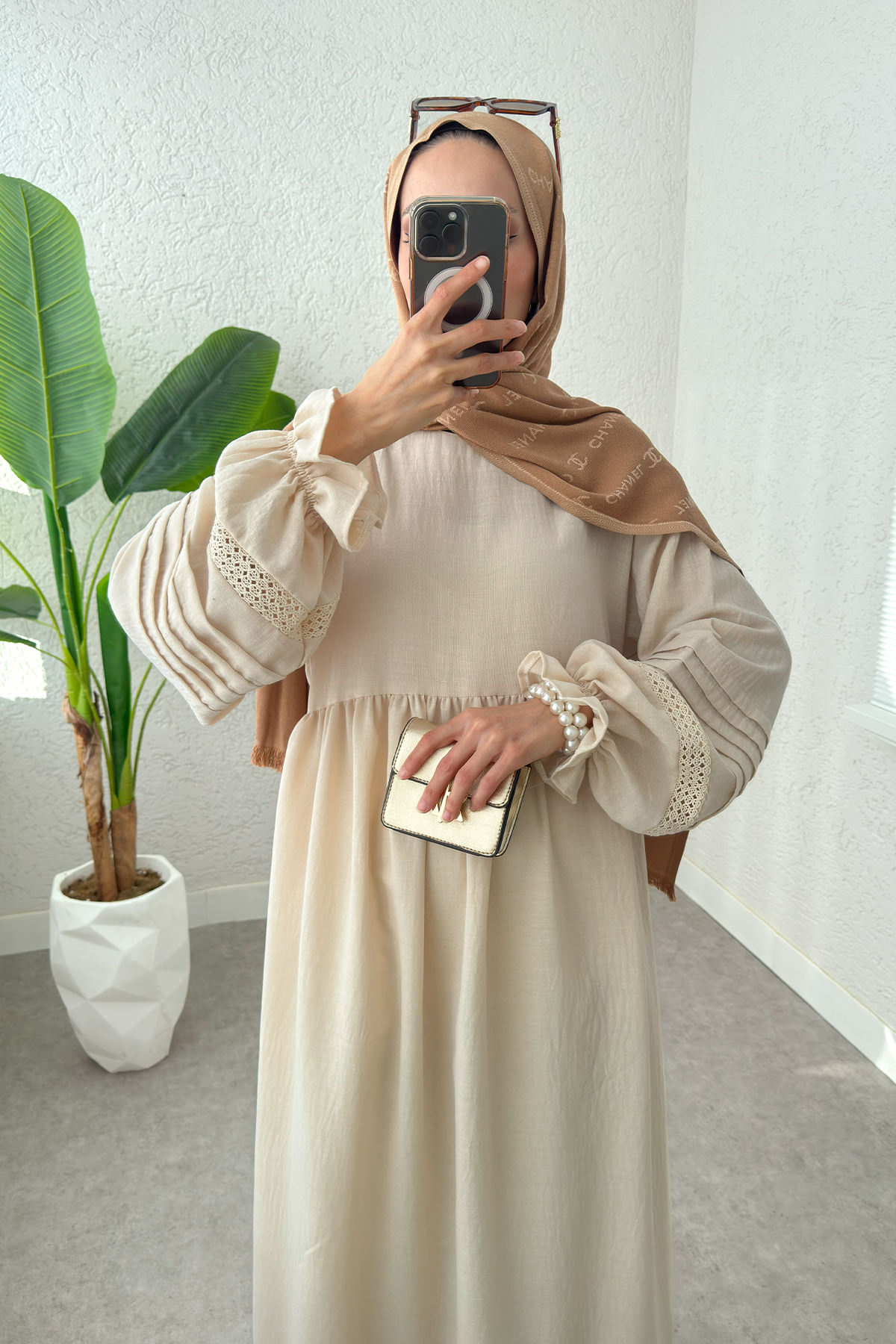 Fisto Detaylı Tesettür Elbise 2207 - TAŞ RENGİ |  