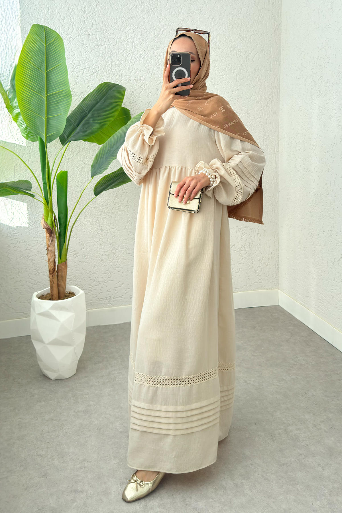 Fisto Detaylı Tesettür Elbise 2207 - TAŞ RENGİ |  