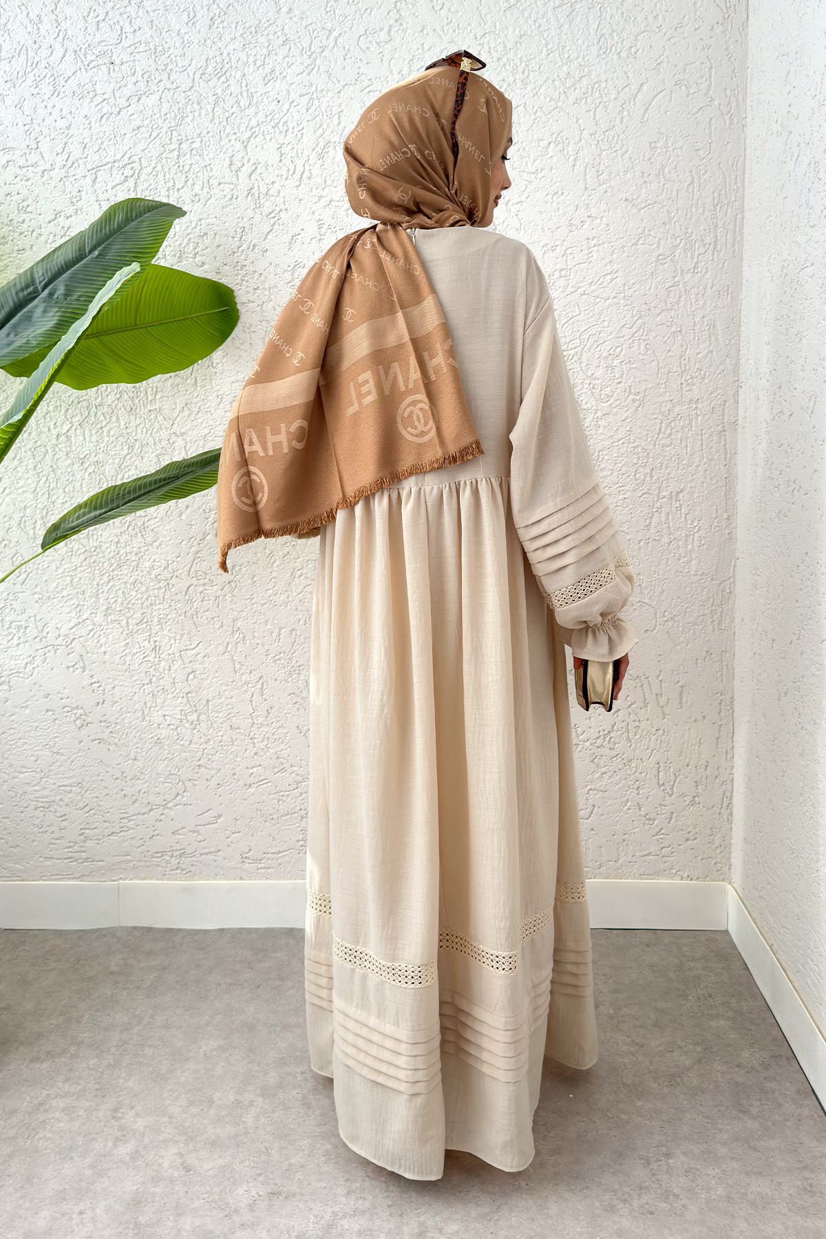 Fisto Detaylı Tesettür Elbise 2207 - TAŞ RENGİ |  