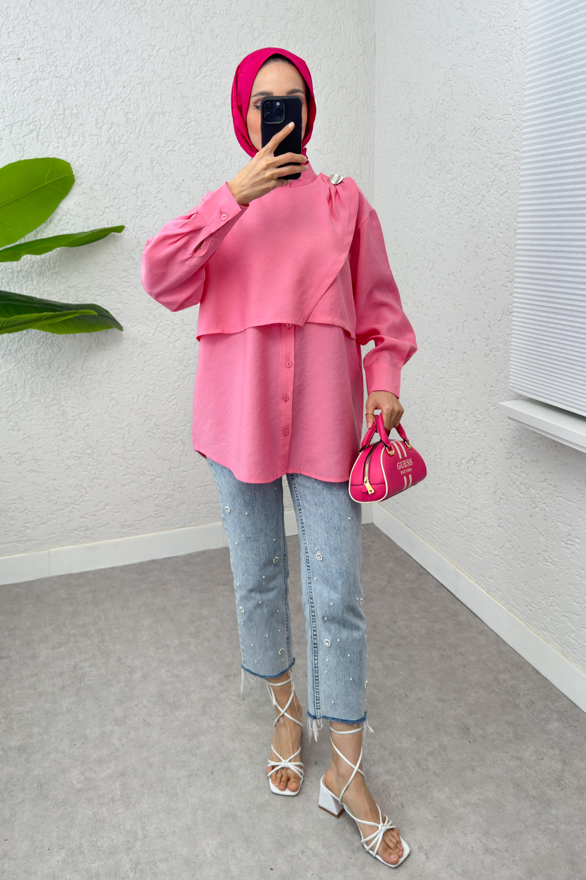 Broş Detaylı Tesettür Tunik 2264 - PEMBE |  