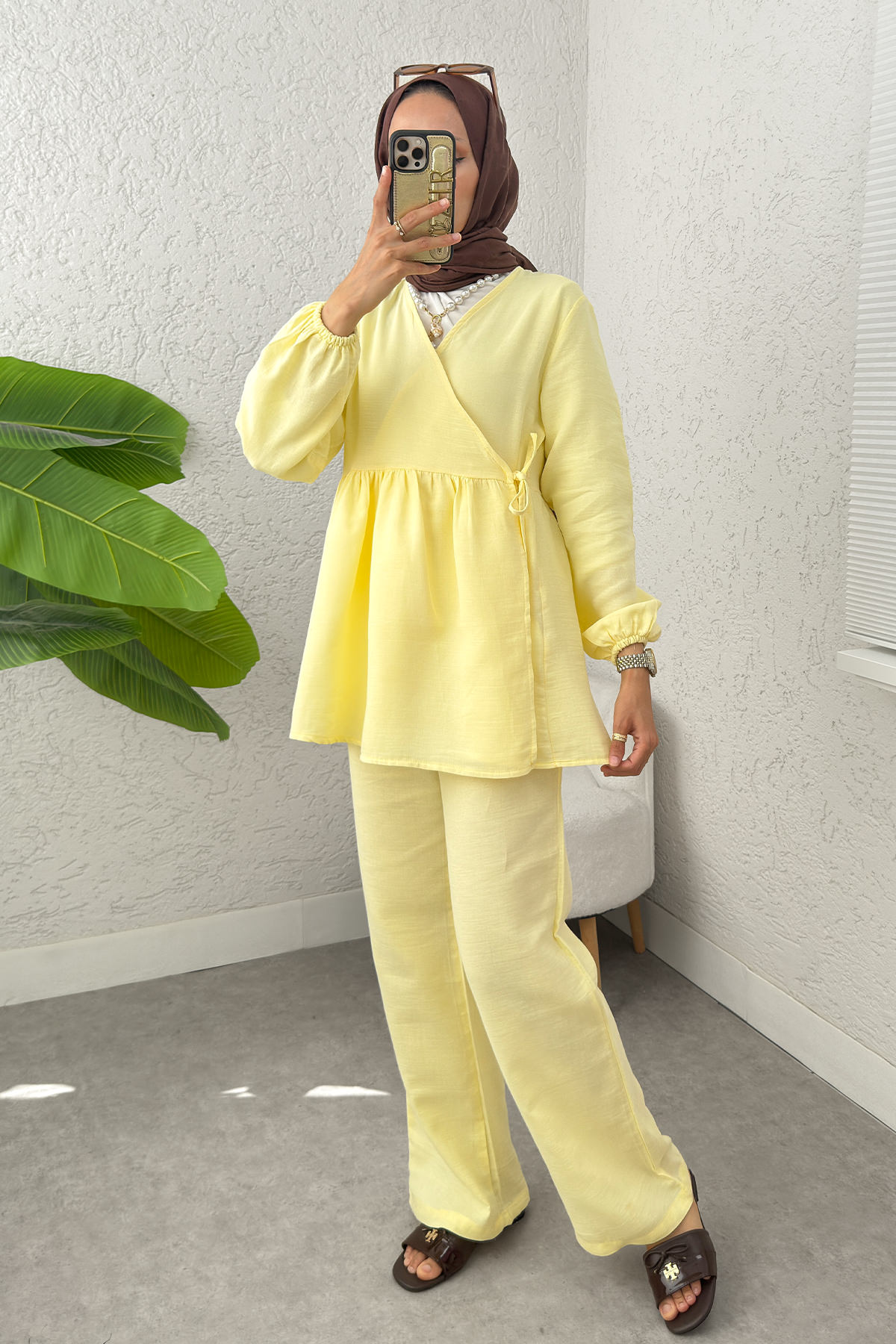 Çapraz Bağlamalı Kimono Takım 43457 - SARI |  