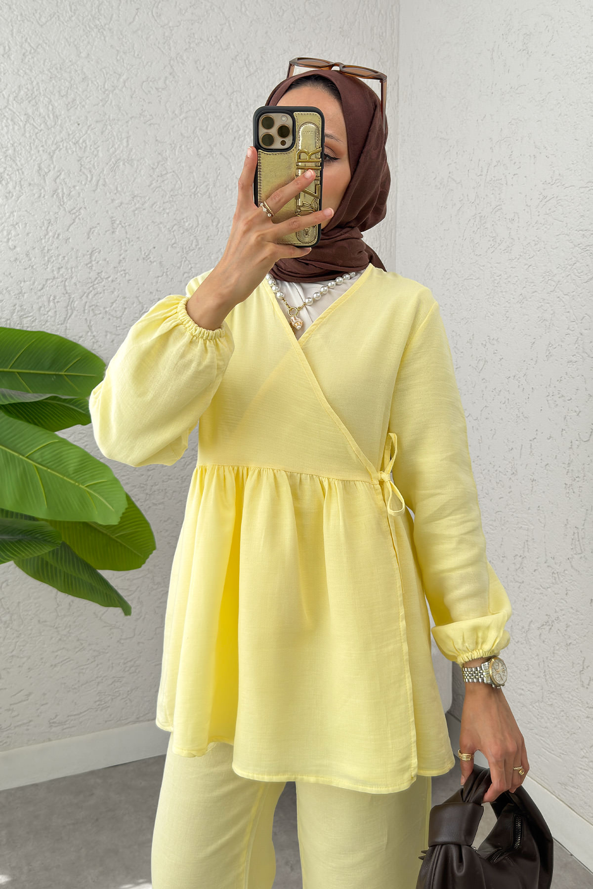 Çapraz Bağlamalı Kimono Takım 43457 - SARI |  