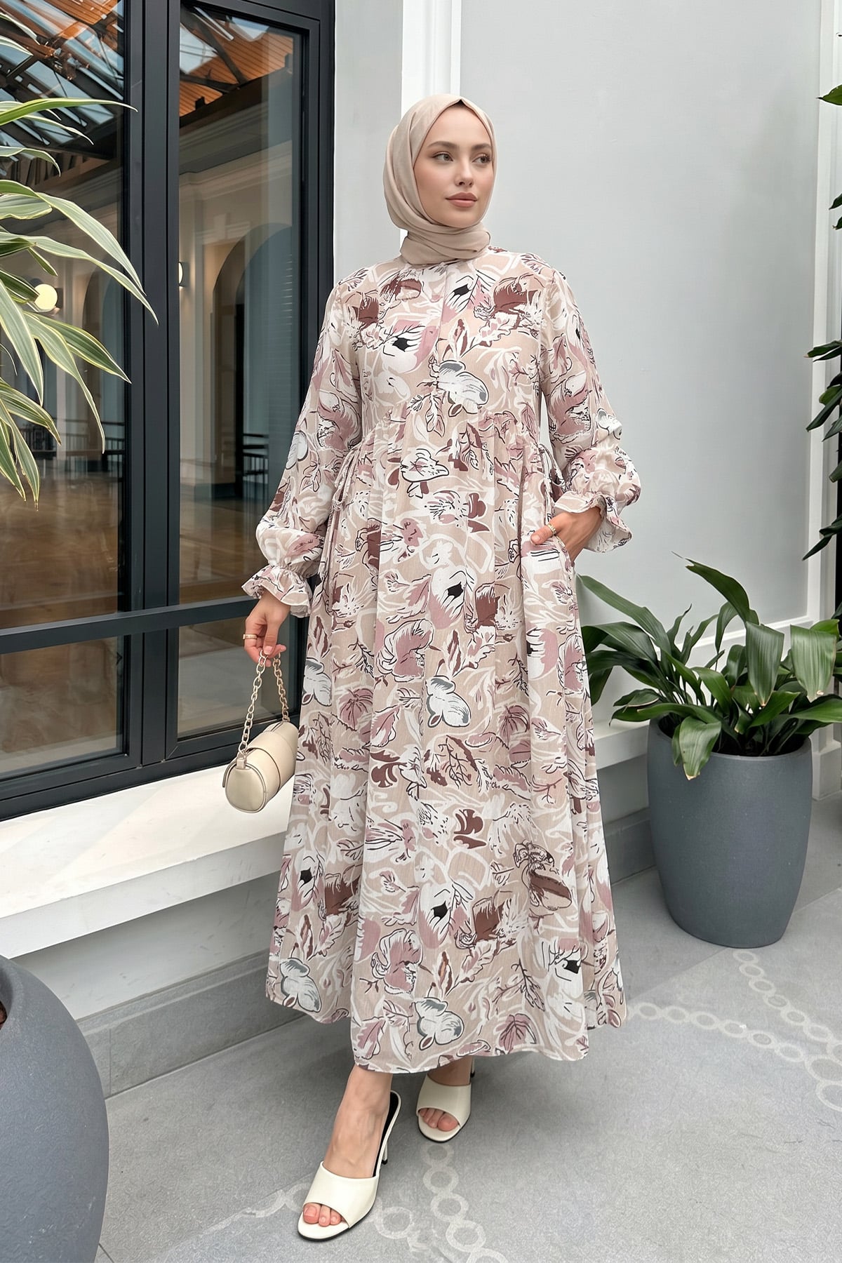 Şal Desen Tesettür Elbise 2328 - TAŞ RENGİ |  