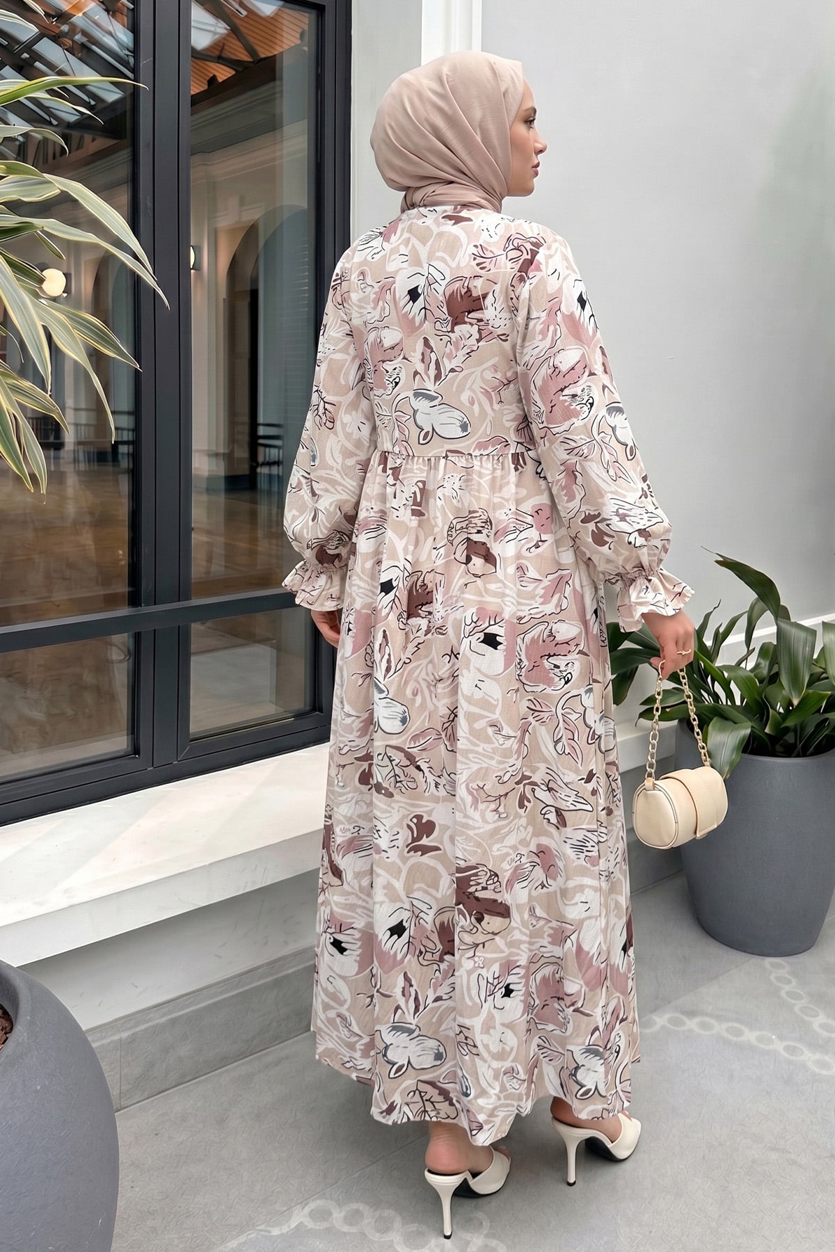 Şal Desen Tesettür Elbise 2328 - TAŞ RENGİ |  