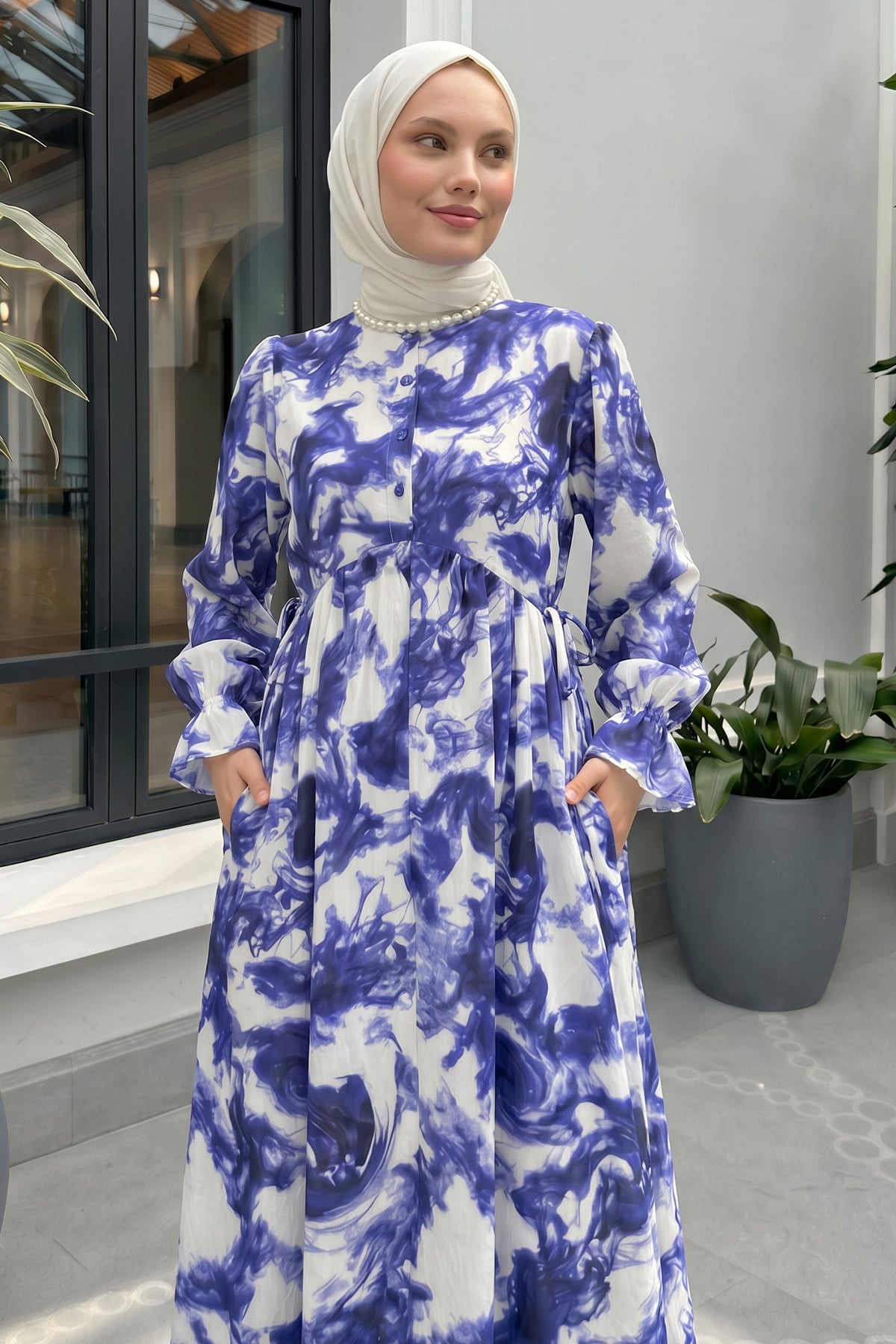 Ebruli Desen Tesettür Elbise 2328 - MAVİ |  