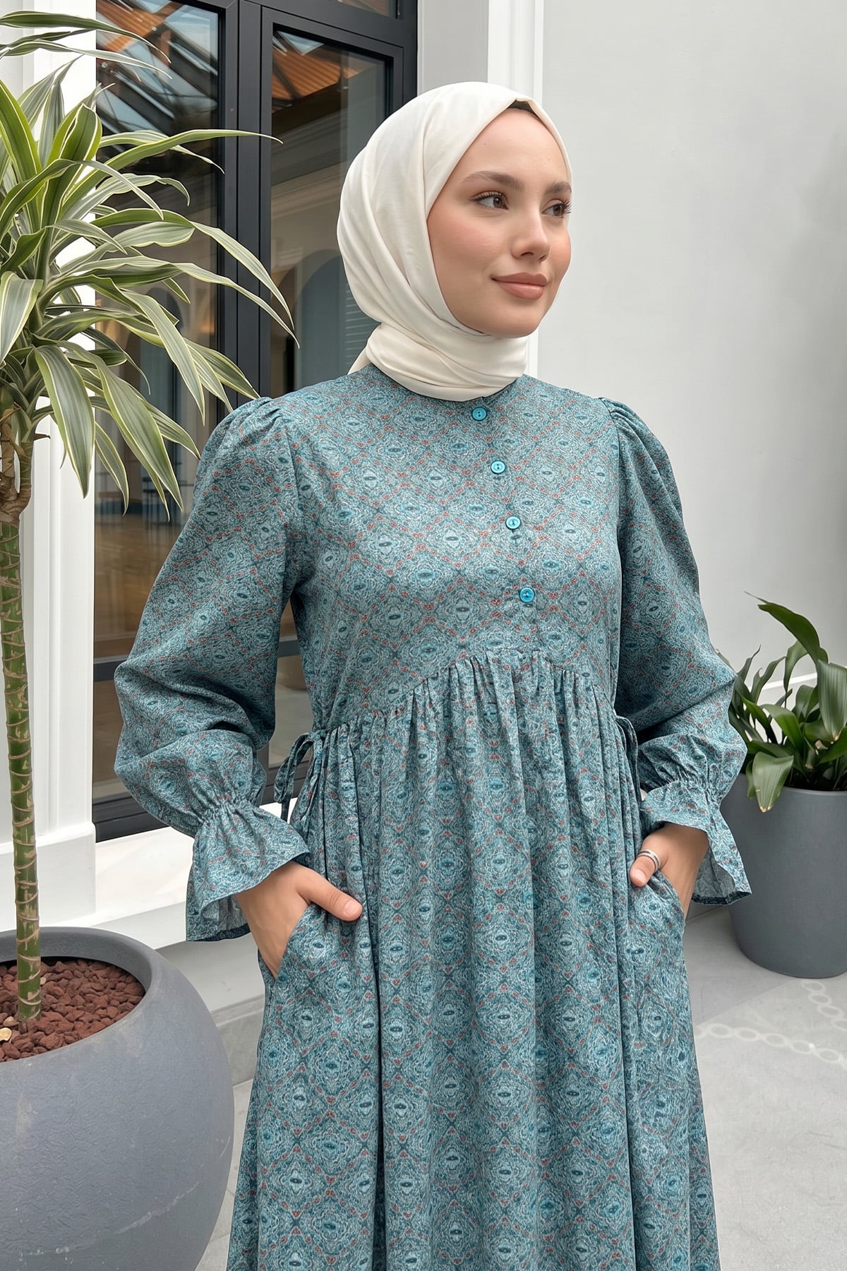 Mandala Desen Tesettür Elbise 2328 - MİNT YEŞİLİ |  
