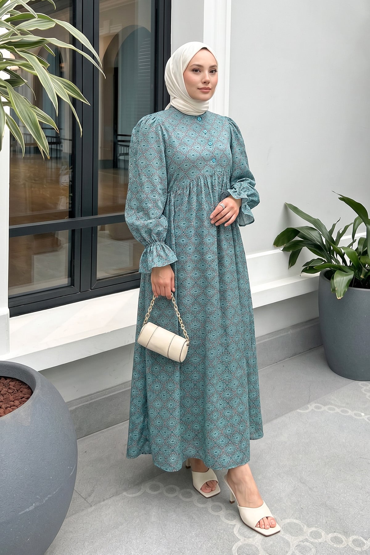 Mandala Desen Tesettür Elbise 2328 - MİNT YEŞİLİ |  